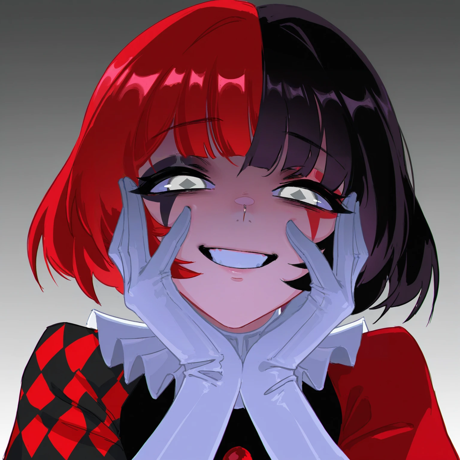 masterpiece, best quality, amazing quality, very aesthetic, absurdres, newest, 
yandere trance, portrait, crazy grin, hands on own cheeks, hands on own face, looking at viewer, yandere, crazy eyes, 
<lora:Maf_VK_sticker_char-000041:1>
ÐÐ°Ñ, 1girl, white gloves, grey eyes, frilled sleeves, rhombus-shaped pupils, split-color hair, half red half black color hair, two colors rhombic makeup, ruffled collar, two colors argyle sleeve, red sleeve, black romper, solo,
masterpiece, best quality, amazing quality, very aesthetic, absurdres, newest, (snegovski:0.855), (mamimi \(mamamimi\):0.8),[(dino \(dinoartforame\):1.2),niri \(eunhaha02\),(nyong nyong:0.8),(nat the lich:1.2)]