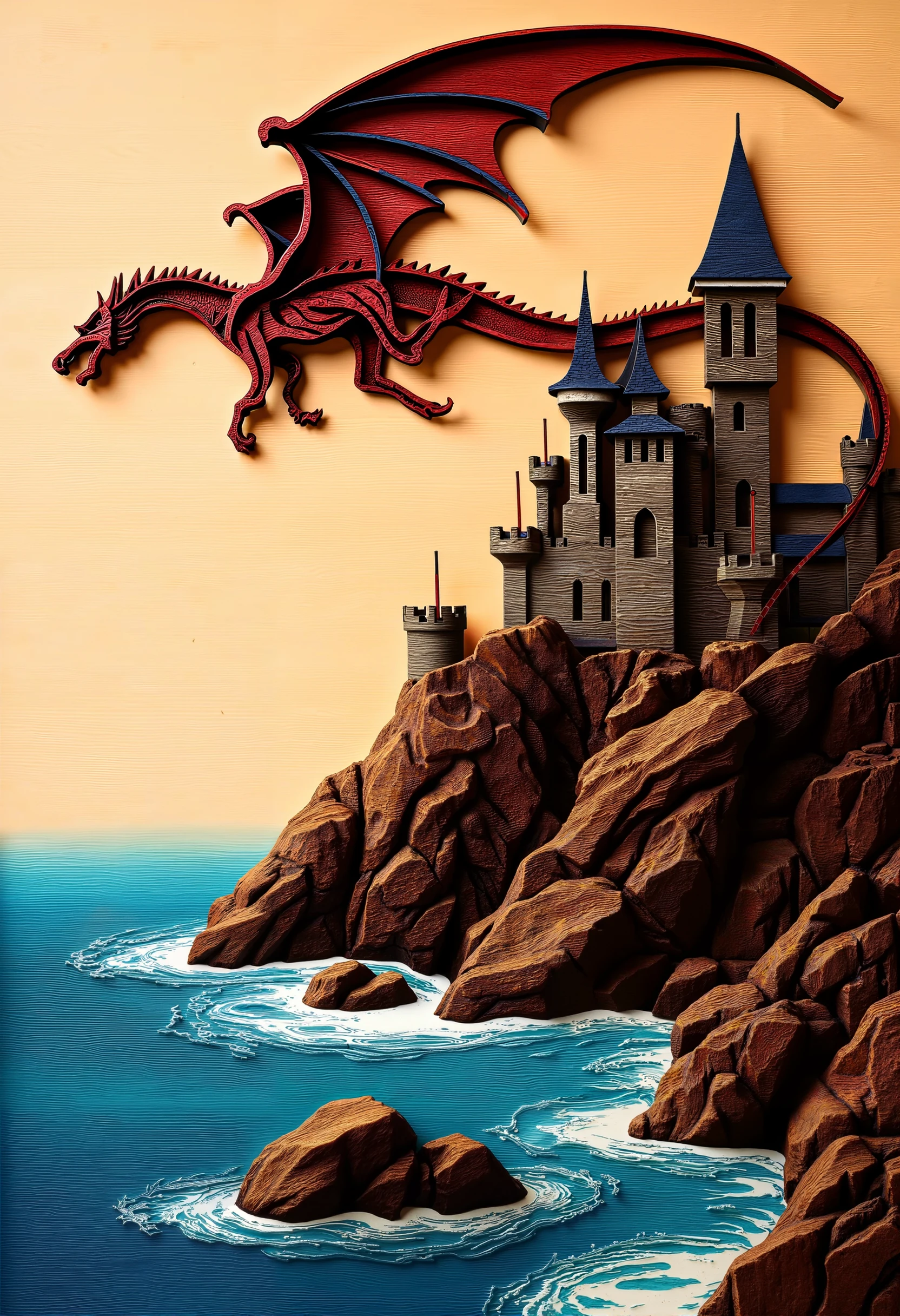 Laser cut, layered wood, a dragon flying over a medieval castle on a cliffside with waves crashing against the rocks below