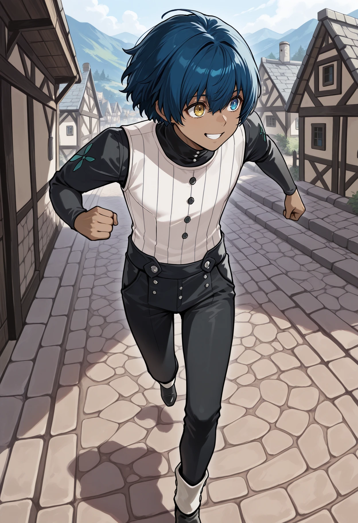 masterpiece, best quality, 1boy, running, grin, clenched hand, looking afar, <lora:ProtagonistMR-illu:1> csProtag, blue hair, short hair, hair between eyes, heterochromia, yellow eyes, blue eyes, dark-skinned male, white vest, pinstripe vest, black shirt, long sleeves, black sleeves, black pants, ankle boots, black footwear, village, cobblestone