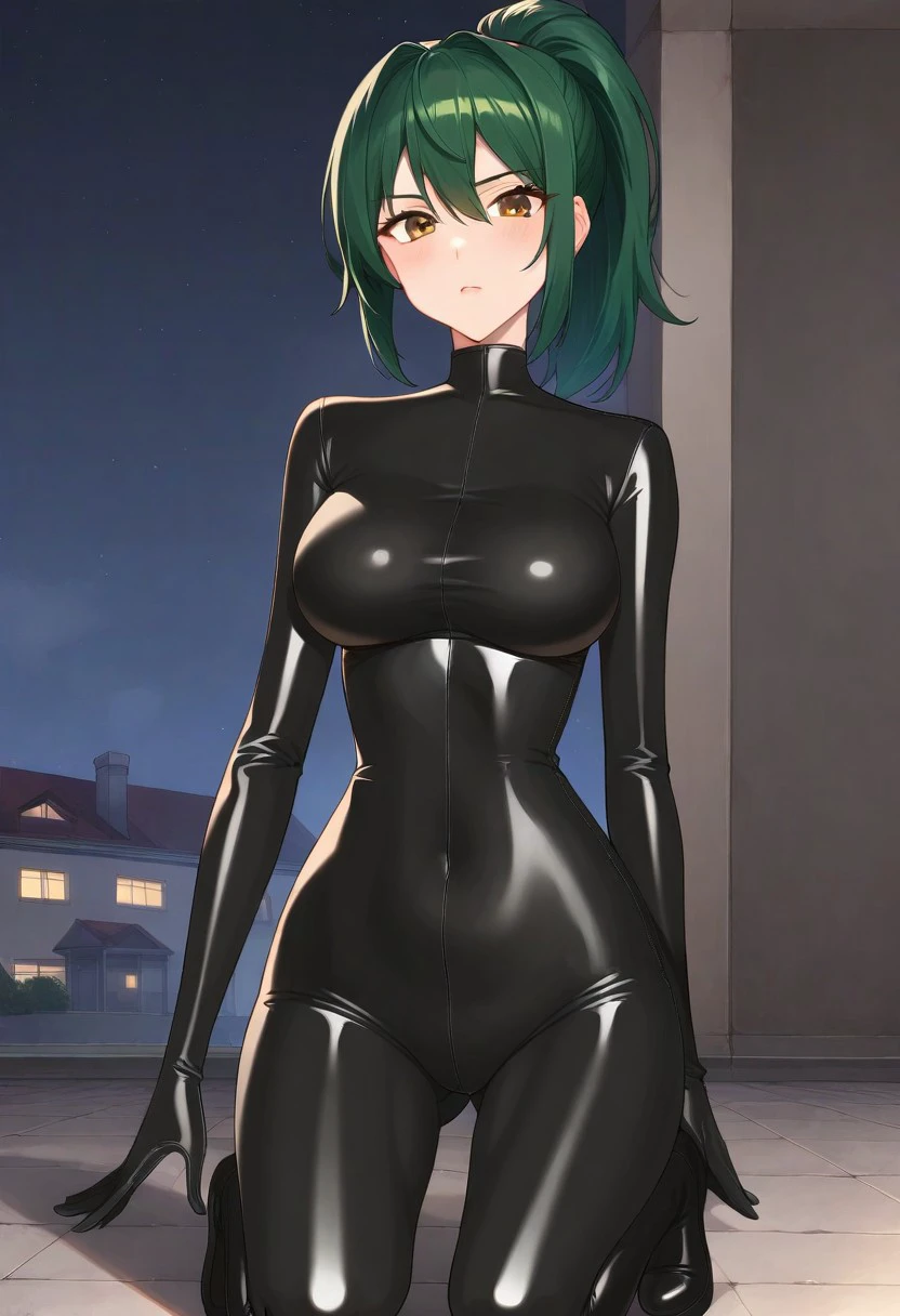 Masterpiece, High quality, OC, anime stye, 1 woman, Female Adult woman, 1girl, tall, green ponytail hair,  Black skintight latex bodysuit, full Black skintight latex gloves, brown eyes, green ponytail hair,  Black Latex skintight bodysuit, all black shiny latex suit, long zipper on center of suit, shiny Black latex skintight elbow gloves, shiny Black latex skintight thigh boots, gadget belt on waist, serious face expression, house rooftop background, dark night time, dark, on knees