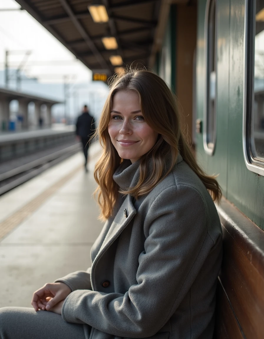 photo, melkrollflux,Sitting on a bench at a train station wearing a grey wool coat,  <lora:melkroll:1>