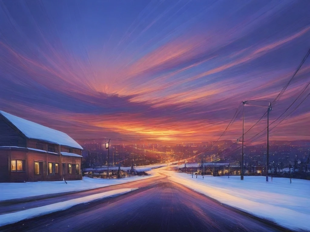 a young woman laying down in the snowy street, a snow field, building at the background, city, city lights, cloud, cloudy sky, lamppost close to the female, outdoors, power lines, road, scenery, sky, sunset, utility pole, art painterly effect,brush stroke, <lora:Alena_Aenami_Art_Style-GMR:1>