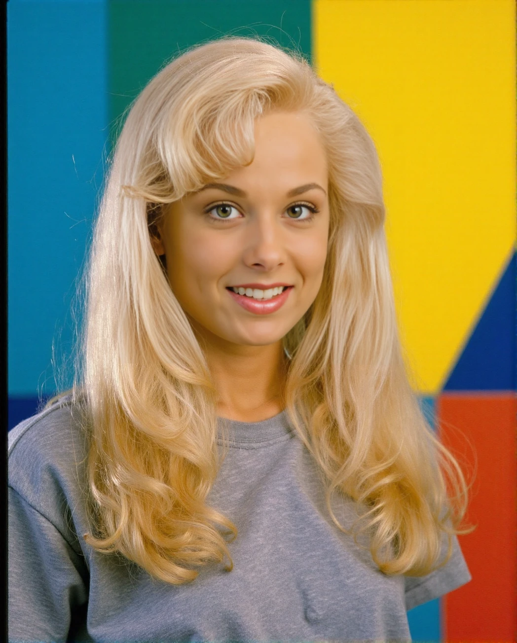 a photo of 80s blonde 1girl wearing an 80s outfit, <lyco:90VHS:1.2>, 80s cityscape in the background with white buildings, chromatic abberation, interlacing