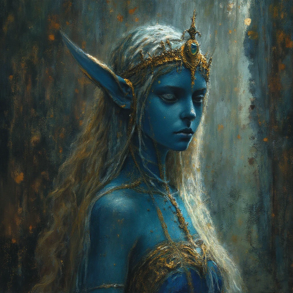 a odilonredonstyl elven queen with blue skin in a cathedral. painting