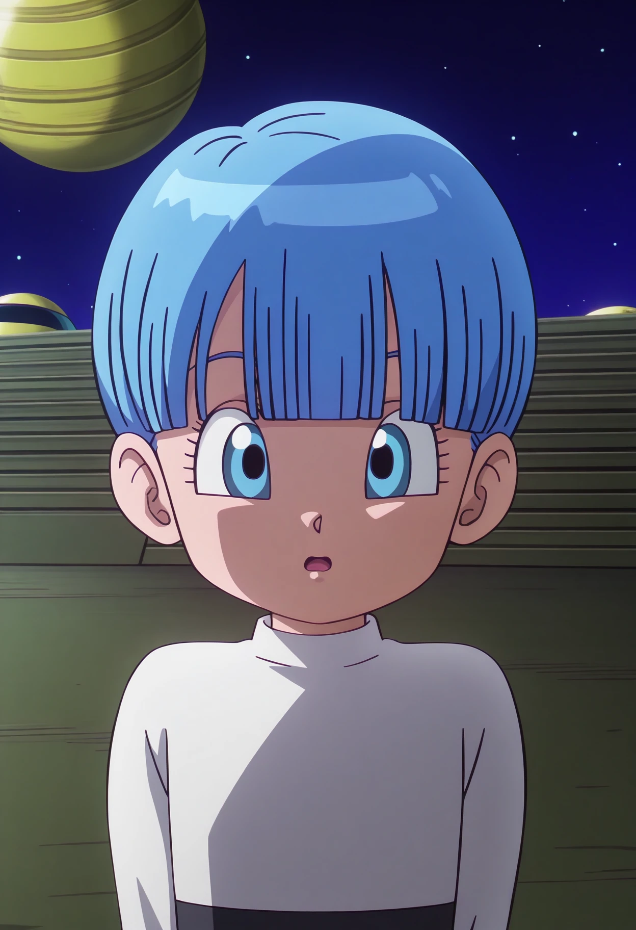 anime screencap,8k, absurd res, 1girl, solo, looking at viewer,blue hair,short hair,blue eyes,wearing a white shirt,upper body,open mouth,outdoors,detailed background,alien planet,dragon_ball_daima,  <lora:bulma_(dragon_ball_daima):1>