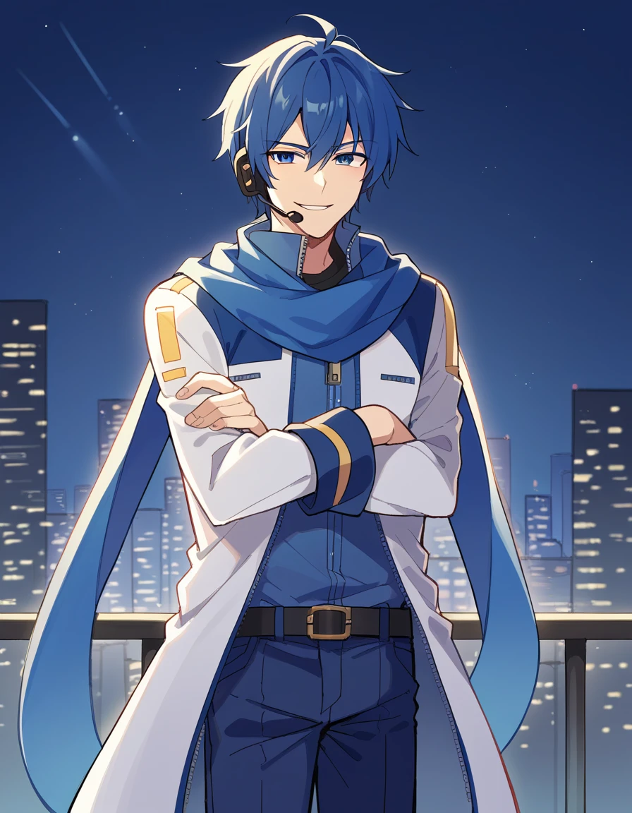 score_9, score_8_up, score_7_up, source_anime, <lora:vocaloid-kaito-ponyxl-lora-nochekaiser:1>, kaito, kaito (vocaloid), blue eyes, blue hair, male focus,, belt, blue pants, blue scarf, blue shirt, coat, headset, microphone, pants, scarf, see-through clothes, zipper, city skyline, rooftop view, night time, city lights, quiet reflection, smile, crossed arms, smug, looking at viewer, solo,, dutch angle, cowboy shot