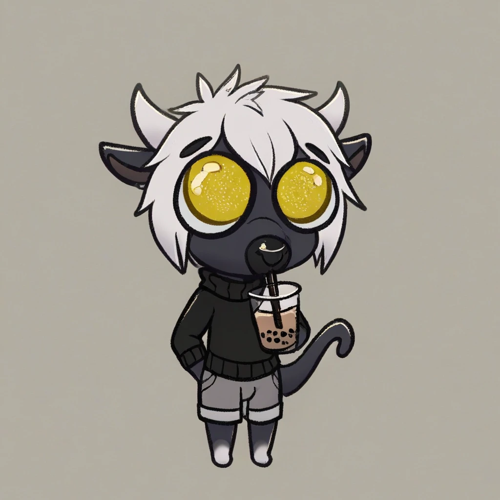 score_9, mikus-concept, big eyes, small body, full body, standing., black sweater, gray shorts, yellow eyes, white horns, white hair, black fur, holding, bubble tea, park