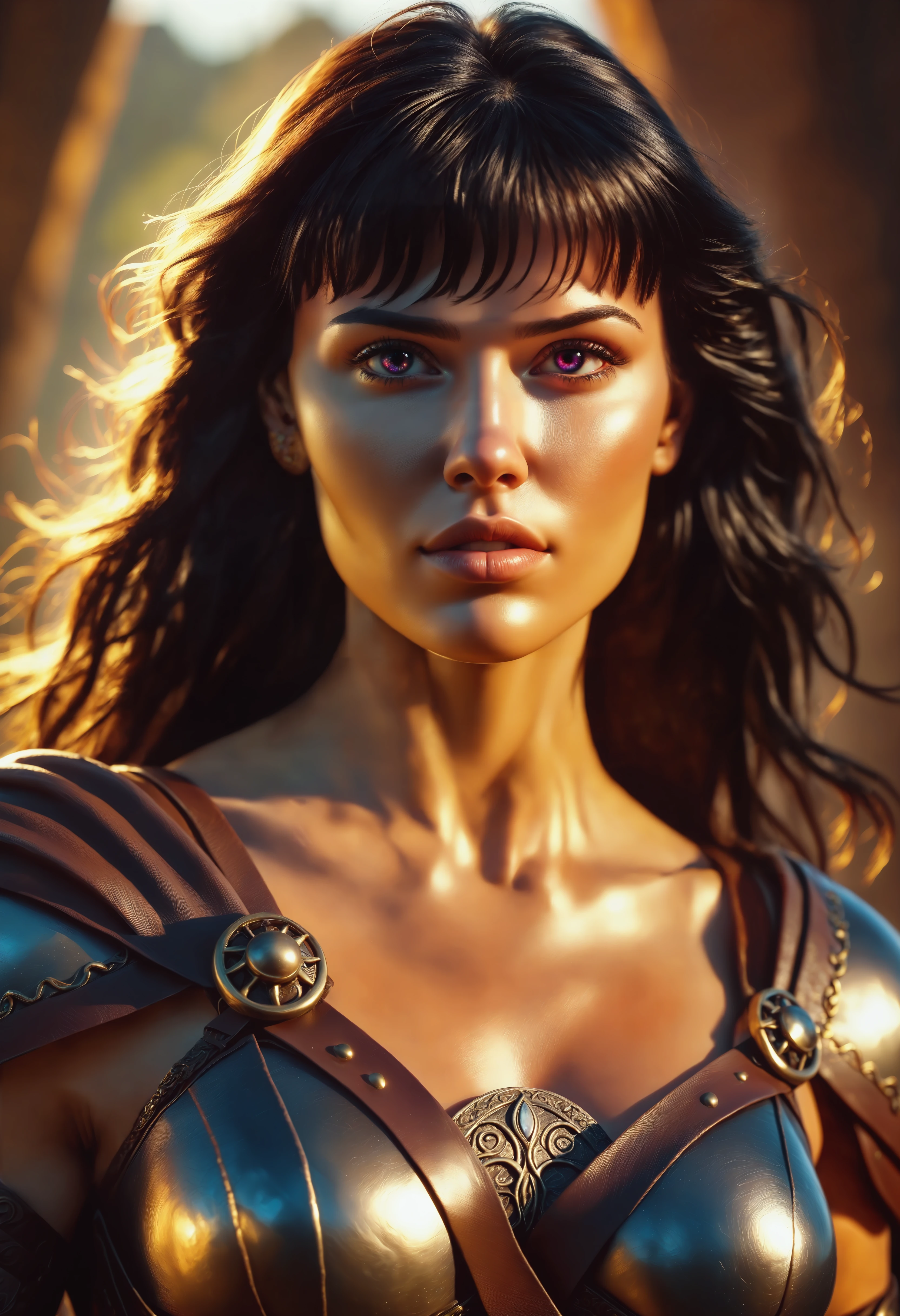 masterpiece, best quality, bsurdres, highres,
A semi-realistic depiction of Xena, Warrior Princess, with intricate attention to detail, showcasing her face partially cloaked in deep shadows using a chiaroscuro effect. Her skin features visible pores, delicate peach fuzz, and faint goosebumps, adding a lifelike texture. The image employs a high-pass filter and dodge-and-burn techniques for enhanced contour and depth, creating a striking cinematic look. Soft gaussian blur subtly blends the edges for a polished effect, while the warm, golden light of early morning casts a somber yet ethereal glow across her face, contrasting with the dark, moody atmosphere. The overall composition is intimate, dramatic, and evocative, capturing both strength and vulnerability.