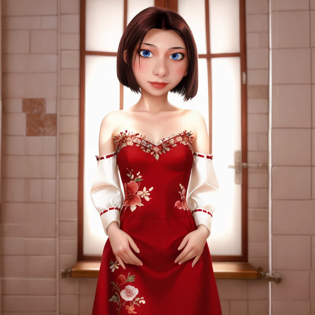 <lora:colette_pony_v1:.85> Colette, solo, blue eyes, brown hair, 1girl, short hair,  cowboy shot,   <lora:1007 Chinese wedding dress_v1_pony:1> ruanyi1007,bare shoulders,detached sleeves,red dress,floral print,strapless dress,