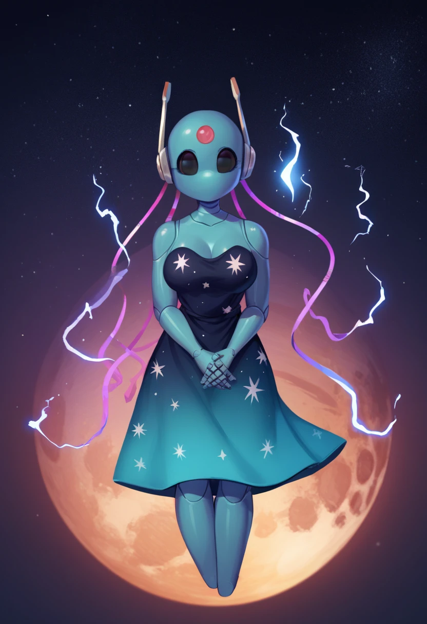 <lora:Custom\LooksToTheMoon\LooksToTheMoon-10:1> score_9, score_8_up, score_7_up, space, dark background, nebula, portrait, full body, BREAK, lookstothemoon, 1girl, robot, petite, curvy, black eyes, glowing eyes, blue skin, (robot ears:1.2), humanoid robot, bald, no mouth, no nose, medium breasts, gradient clothes, gradient dress, space print, sparkle, expressionless, legs together, floating, looking at viewer, energy, magic, electricity, electrokinesis, own hands together