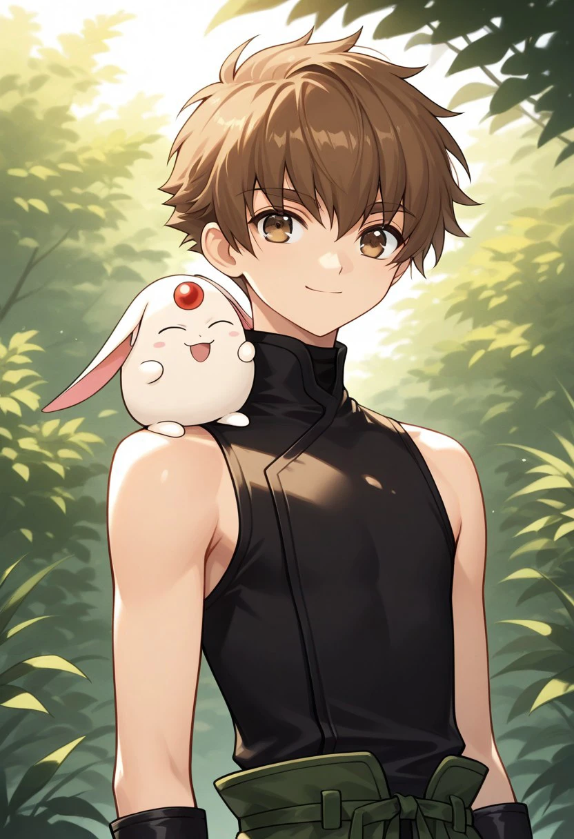 masterpiece, best quality, 
shaoran, 1boy, male focus, solo, brown eyes, brown hair, short hair,  shirt, turtleneck, black shirt, sleeveless, gloves, black gloves, mokona, on shoulder
outdoor, smile