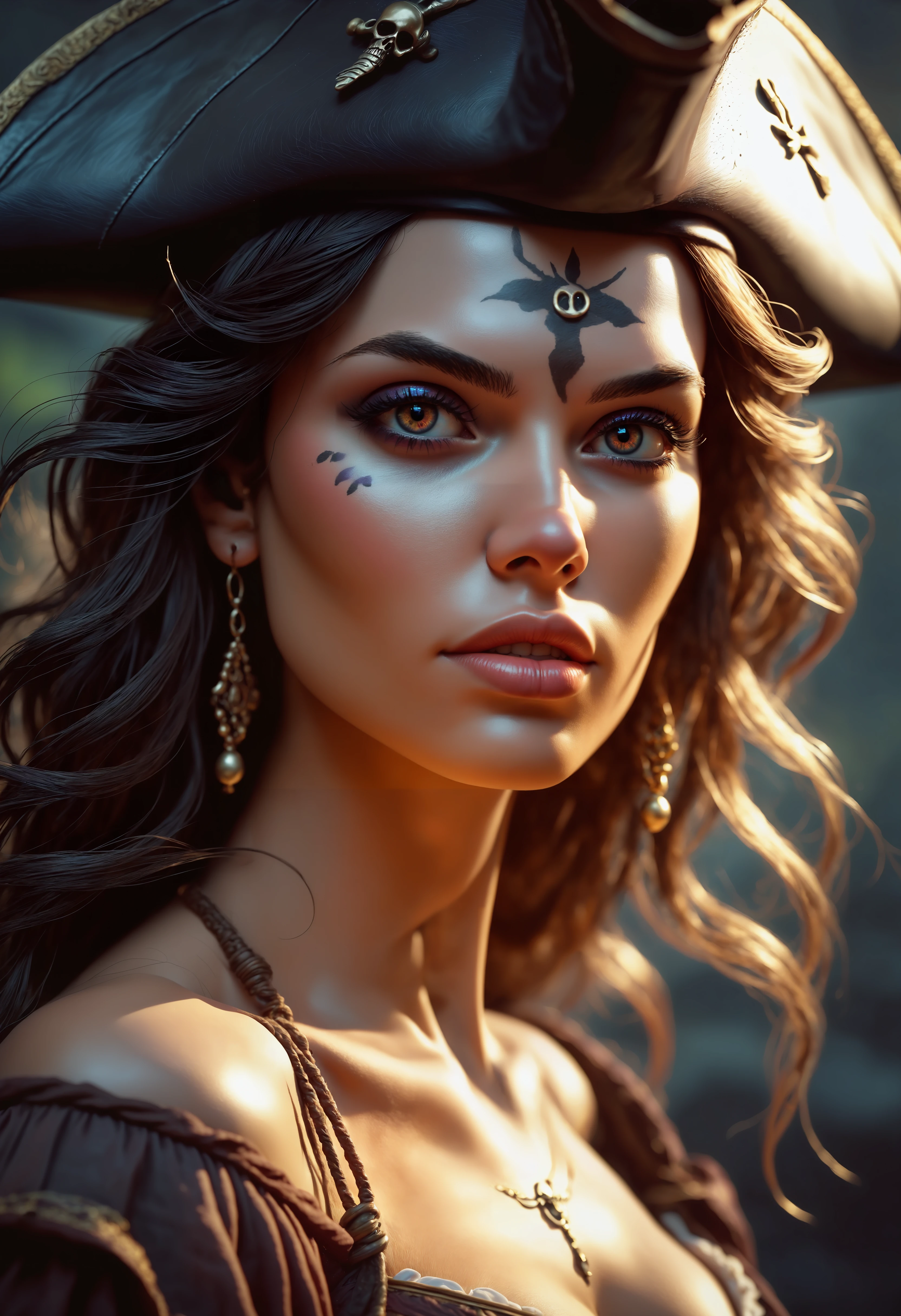 masterpiece, best quality, bsurdres, highres,
A semi-realistic depiction of a pirate Princess, with intricate attention to detail, showcasing her face partially cloaked in deep shadows using a chiaroscuro effect. Her skin features visible pores, delicate peach fuzz, and faint goosebumps, adding a lifelike texture. The image employs a high-pass filter and dodge-and-burn techniques for enhanced contour and depth, creating a striking cinematic look. Soft gaussian blur subtly blends the edges for a polished effect, while the warm, golden light of early morning casts a somber yet ethereal glow across her face, contrasting with the dark, moody atmosphere. The overall composition is intimate, dramatic, and evocative, capturing both strength and vulnerability.