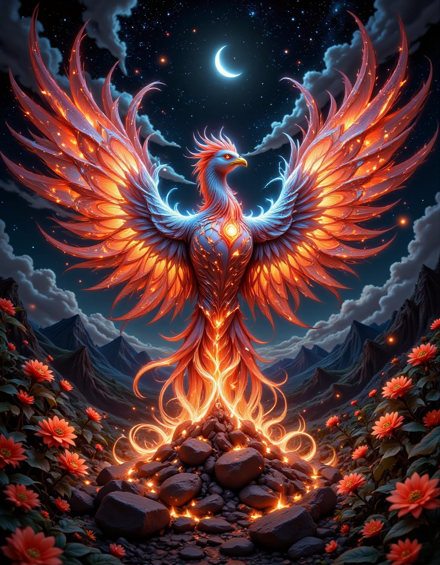 Majestic mythical phoenix rising from golden ashes, vibrant flames in shades of red, orange, and blue engulfing its wings, embers floating in the air, starry night sky with a crescent moon, Magic Dream aesthetic, hyper-detailed feathers, intense colors, cinematic composition
 <lora:flux_enchanter_v1:0.75> <lora:magic-dream:0.5> md0924, magic, anna stokes, boris vallejo, alphonse mucha, sky with clouds and moon, flowers, swirl magic