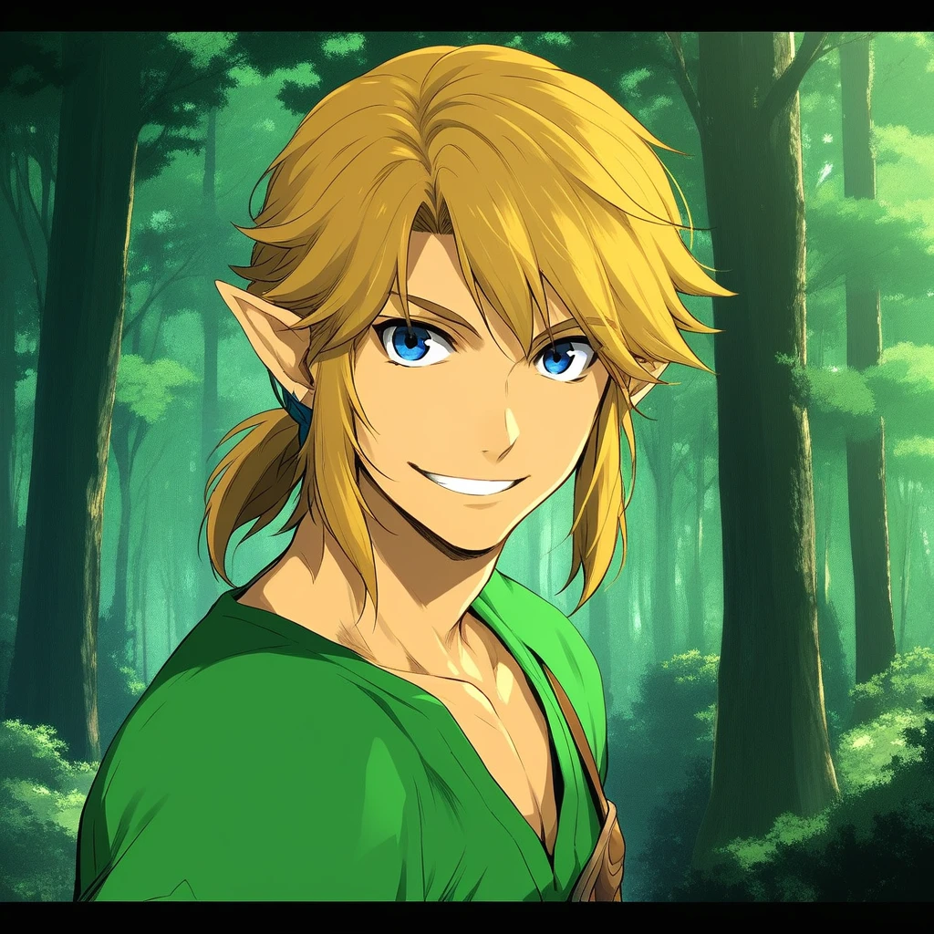 EnamiKatsumi,EnamiKatsumiGlossy, 1boy, male focus, link, the legend of zelda, looking at viewer, male focus, smile, forest background, trees, forest, 3AV, 3AV Supreme, score_9, score_8_up, score_7_up, masterpiece, best_quality