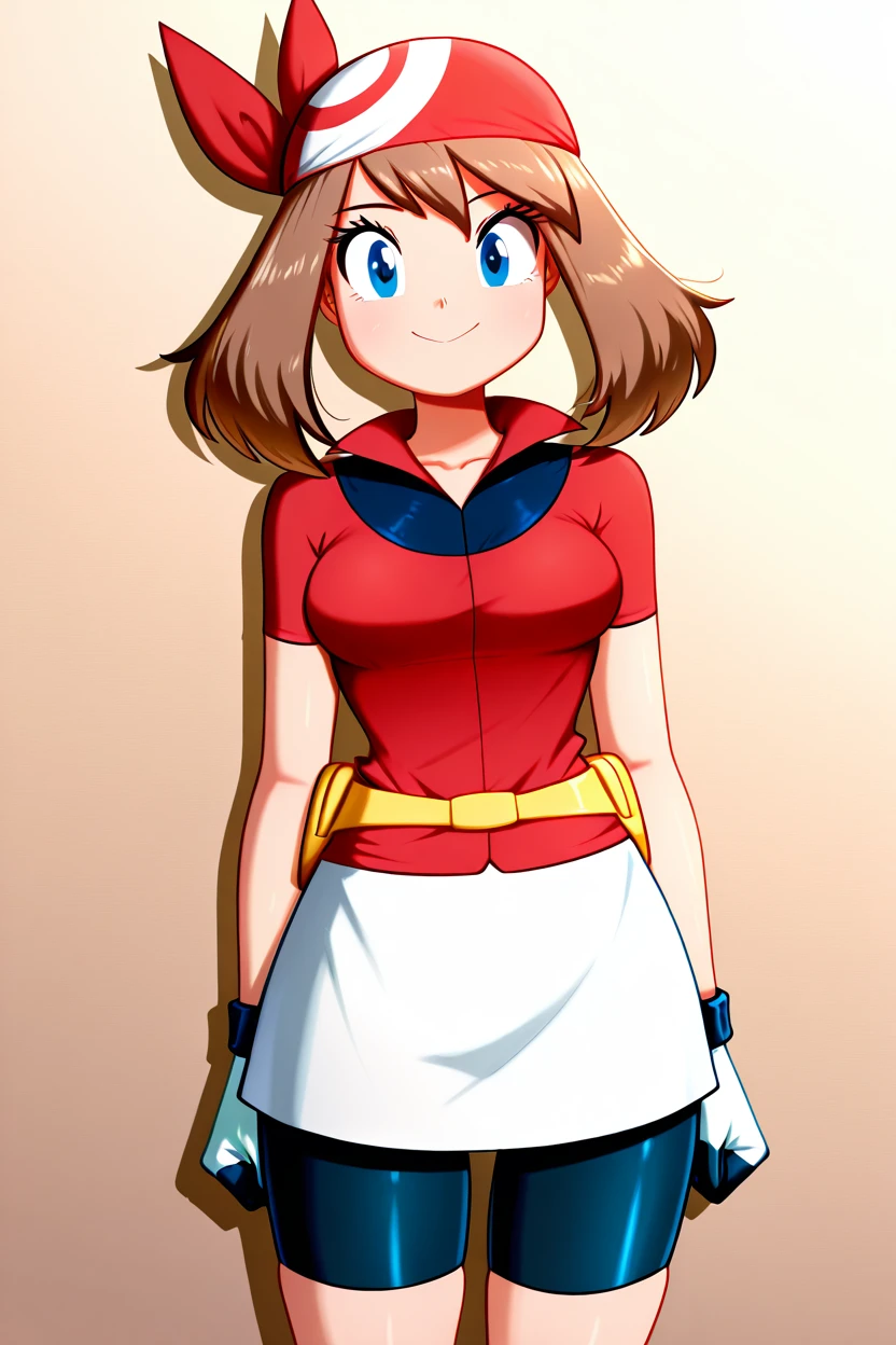 masterpiece, best quality, medium breasts,  BREAK,  zzMay, may (pokemon), solo, brown hair, blue eyes, medium hair, red shirt, bike shorts, red bandana, red shirt, gloves,  white miniskirt, yellow belt,  <lora:MayPokemonIXL_v2:1.0>, smile, looking at viewer, cowboy shot,   <lora:theButcherXIXL_v5:1.0>,