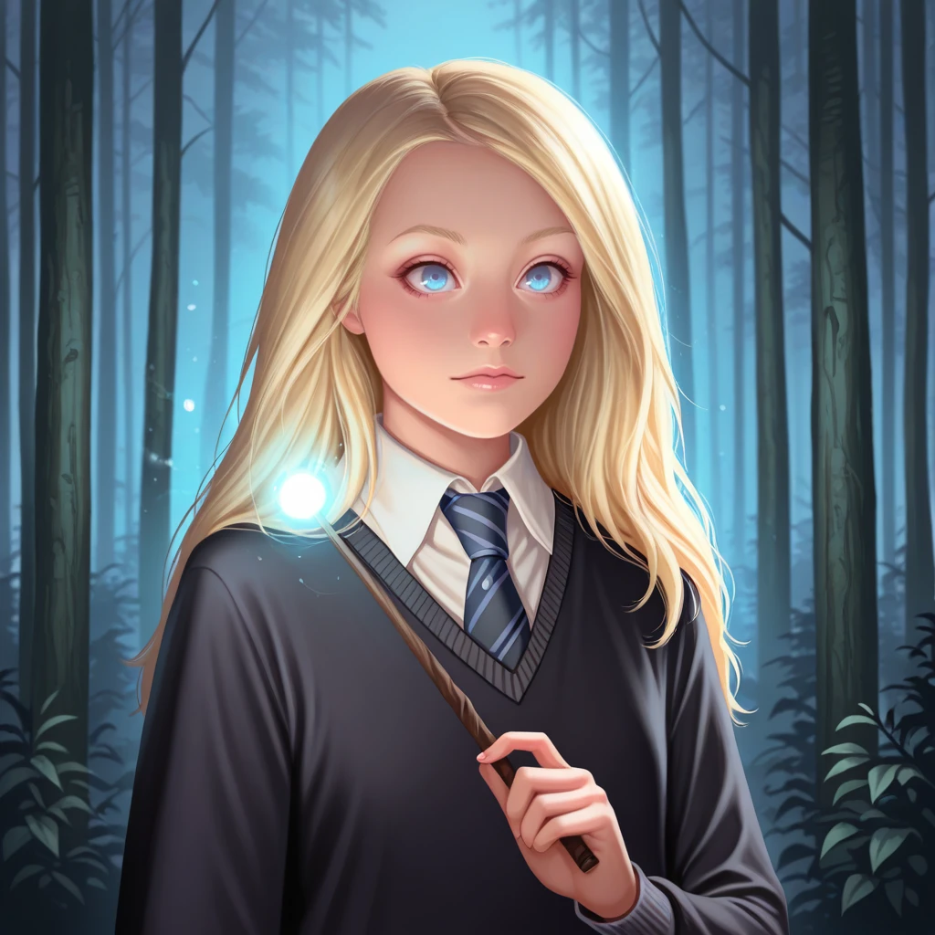 masterpiece, best quality, LunaLovegood, 1girl, solo, blonde hair, long hair, blue eyes, necktie, white shirt, black sweater, school uniform, hogwarts school uniform, upper body,  <lora:LunaLovegood_illustrious_Leaf2:1>, forest, holding wand, glowing,  realistic,