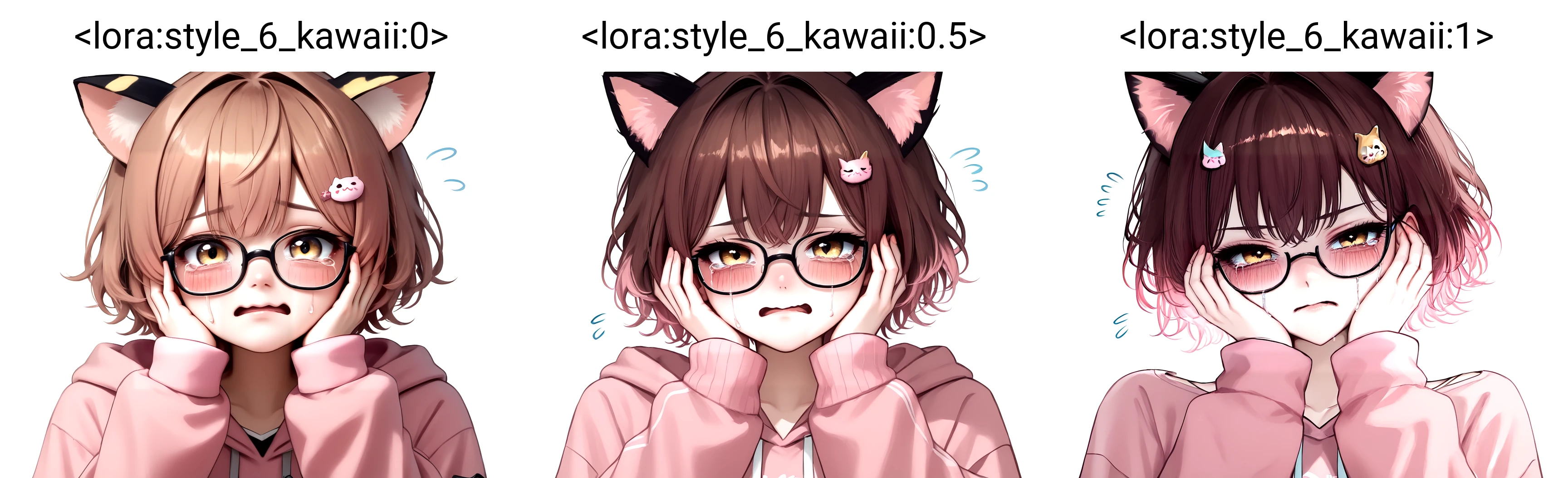 score_9,score_8_up,score_7_up,score_6_up,score_5_up,score_4_up,<lora:style_6_kawaii:0>,style6kawaii,<lora:Add_more_details_V2_XLpony:1>,full_details,source_anime,1girl,animal ears,blush,brown eyes,brown hair,camouflage,cat ears,crying,crying with eyes open,flying sweatdrops,glasses,hair ornament,hands on own face,hood,hoodie,long sleeves,looking at viewer,pink hoodie,short hair,simple background,sleeves past wrists,solo,tears,virtual youtuber,white background,yellow eyes,