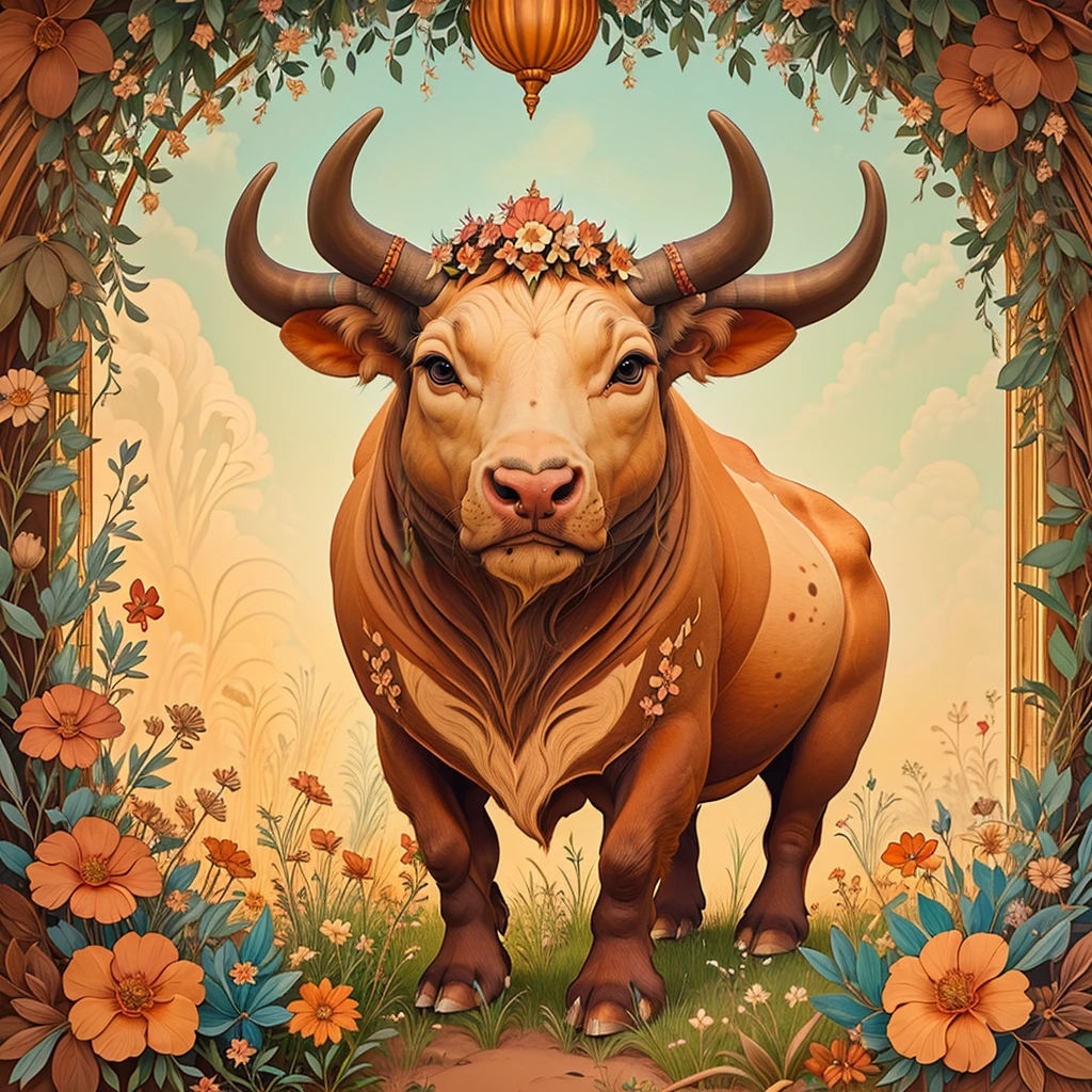 <lora:Disney_Nouveau:1> ArsMJStyle, Disney Nouveau, The image shows a painting of a bull with horns and flowers on its head surrounded by a frame of plants and flowers., no humans, flower, horns, solo, pokemon (creature), grass, full body, standing, border, brown eyes