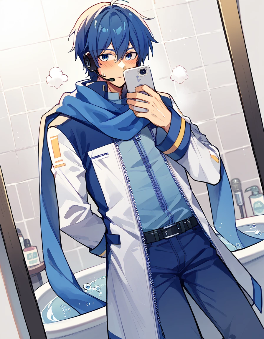 score_9, score_8_up, score_7_up, source_anime, <lora:vocaloid-kaito-ponyxl-lora-nochekaiser:1>, kaito, kaito (vocaloid), blue eyes, blue hair, male focus,, belt, blue pants, blue scarf, blue shirt, coat, headset, microphone, pants, scarf, see-through clothes, zipper, bathtub, water, bubbles, steam, towel, smile, <lora:mirror-selfie-ponyxl-lora-nochekaiser:1> selfie, arm behind back, cellphone, covering own mouth, embarrassed, hand up, holding, holding phone, mirror, phone, reflection, smartphone, blush, cowboy shot, looking at viewer, solo,, dutch angle, cowboy shot