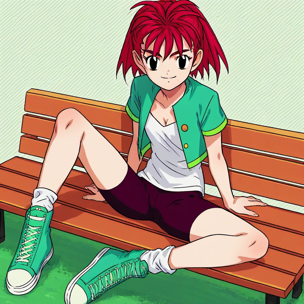 score_9, score_8_up, score_7_up, source_anime, prefect lighting, very aesthetic, intricate details, highly detailed background, high quality, prefect hands, best quality, 1girl, solo,rena, dinozaurs, red hair, black eyes, green-blue jacket, short sleeves, biker shorts, green converse, white socks, sitting on bench, looking at viewer, smile,