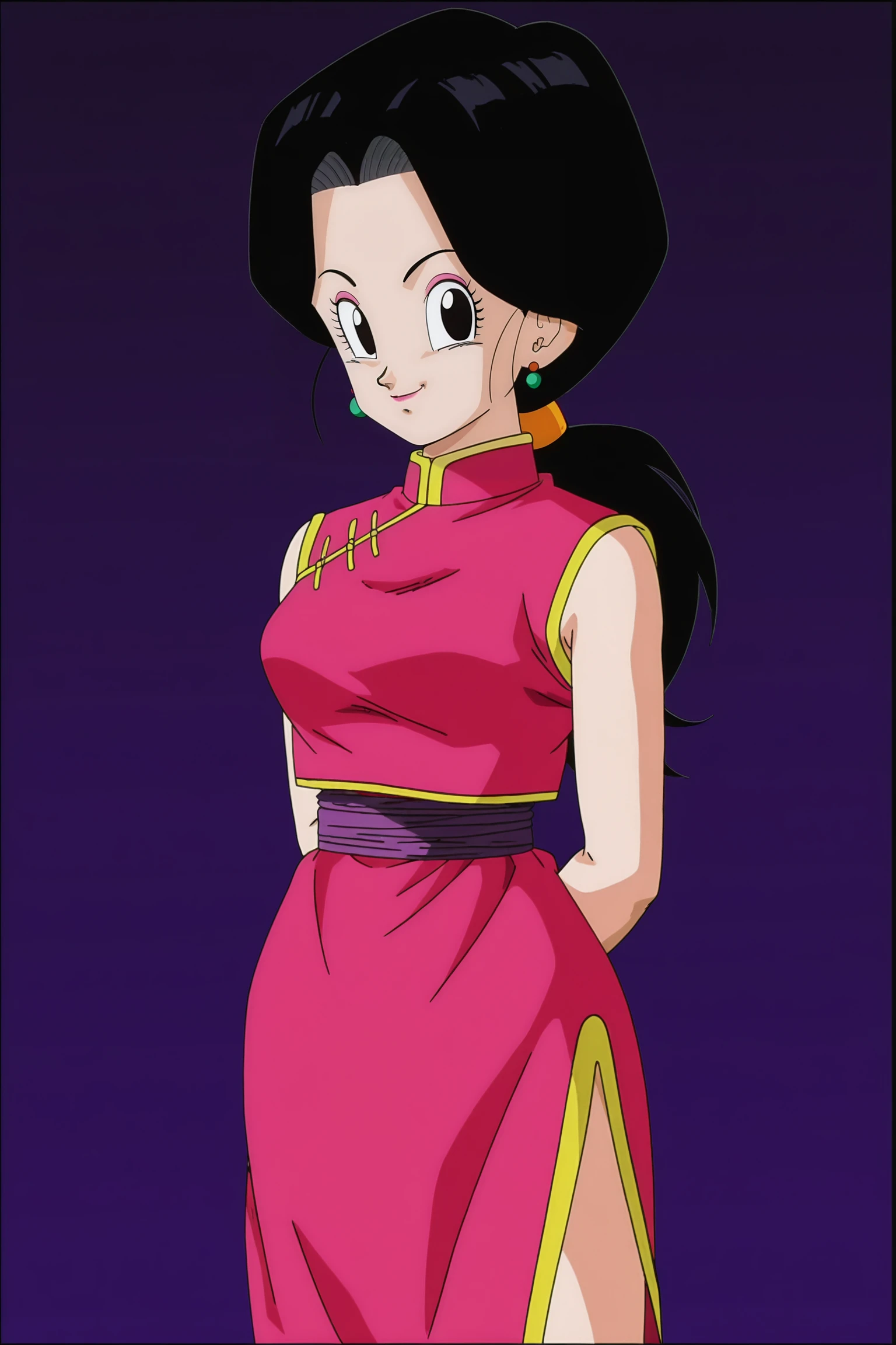 anime screencap, absurdres, high quality, official style,
chi-chi, dbz, (end of buu), 1girl, long hair, breasts, looking at viewer, smile, simple background, black hair, yellow trim, pink dress, bare shoulders, medium breasts, closed mouth, standing, low ponytail, earrings, sleeveless, black eyes, bare arms, eyelashes, makeup, sleeveless dress, expressionless, chinese clothes, arms behind back, border, purple sash, china dress, arms at sides, side slit, bare legs, parted hair, mature female
 <lora:Chi_Chi_IL:0.8>