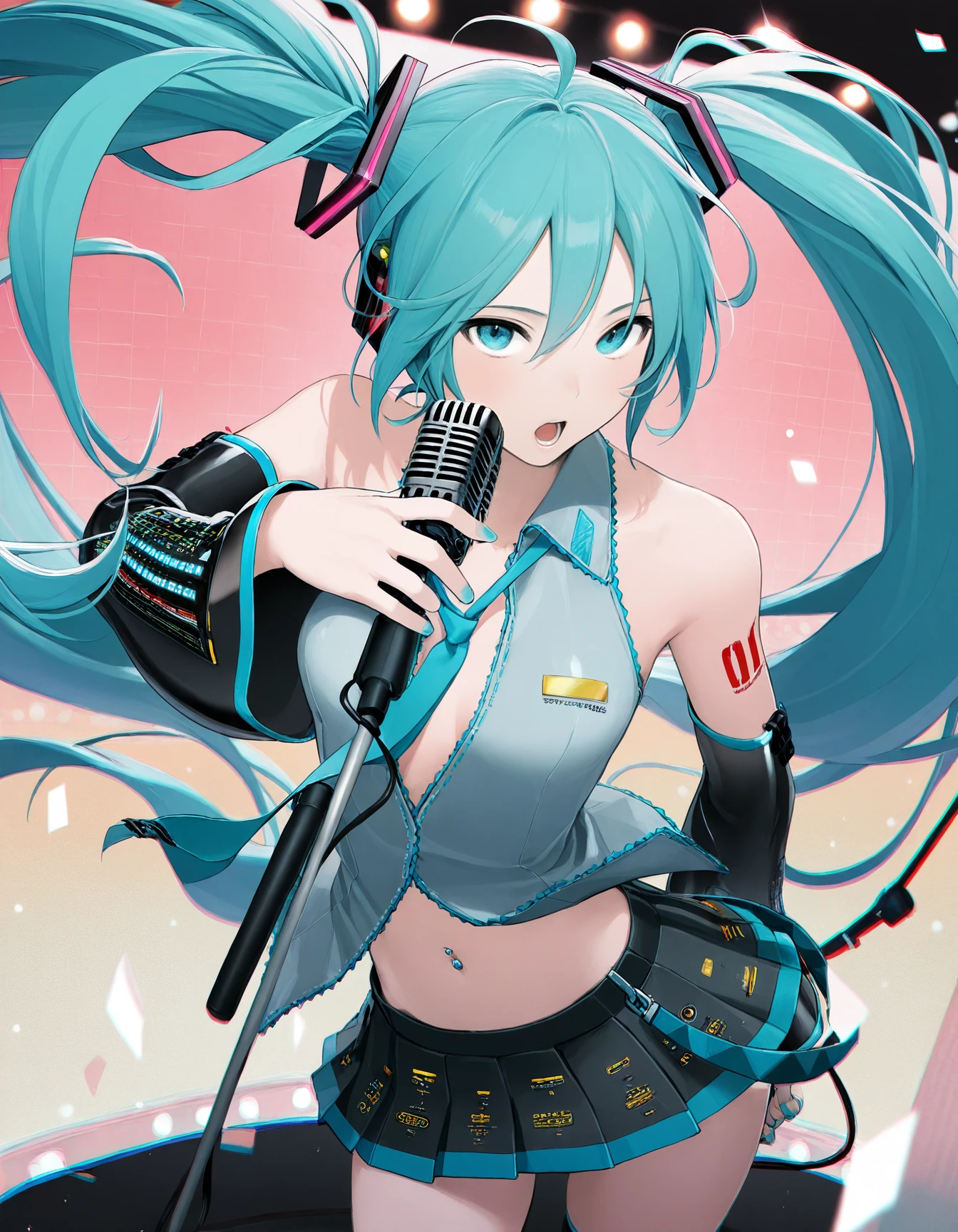 safe, masterpiece, very aesthetic, 1girl, solo, hatsune miku, navel stud, navel piercing, open shirt, necktie, skirt, detached sleeves, microphone, singing
<lora:NavelStud-Piercing_NAIXL_v10:1>