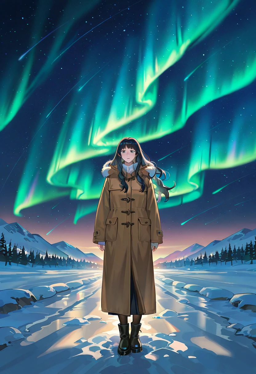 aurora borealis, aurora, starry sky, night,1girl,full body,winter clothes,black hair,