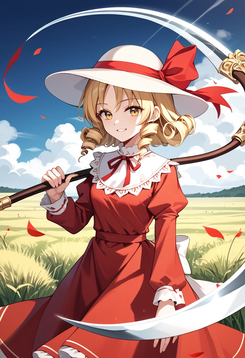 score_9_up, score_8_up, score_7_up, BREAK source_anime, (masterpiece), (best quality),1 girl, elly, holding_scythe, blonde hair, dress, hat, red ribbon, yellow eyes, long sleeves, red dress, short hair, drill hair, (from side:0.6), slightly smile, grassfield, windy,
 <lora:elly(touhou)-V2:1>