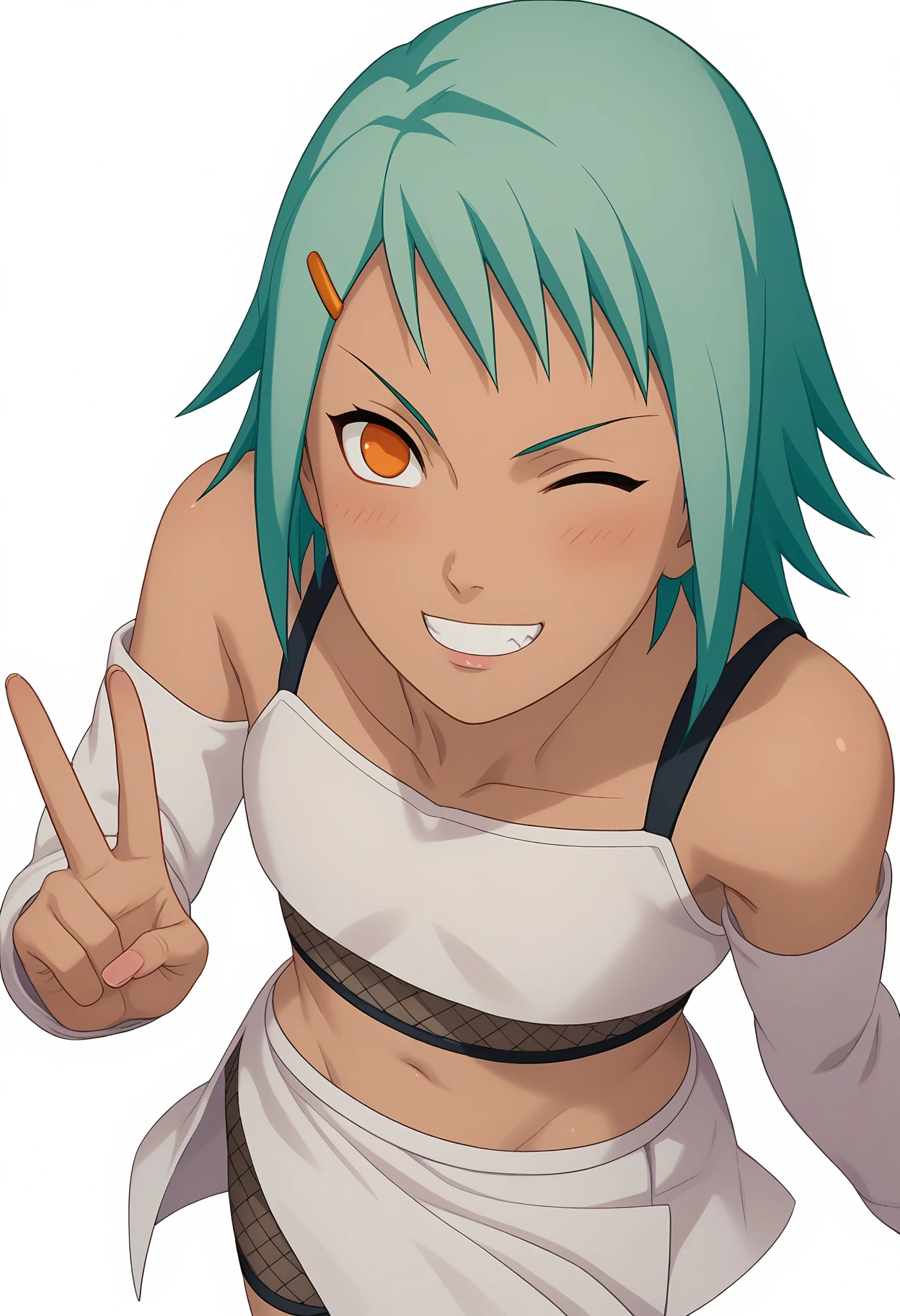 score_9,score_8_up,score_7_up,game cg,
from above,
v sign,
fuuu,1girl,solo,looking at viewer,dark skin,short hair,green hair,orange eyes,hairclip,midriff white shirt,fishnet crop top,detached sleeves,
white skirt,fishnet shorts,
grin,one eye closed,blush,
simple background,white background,