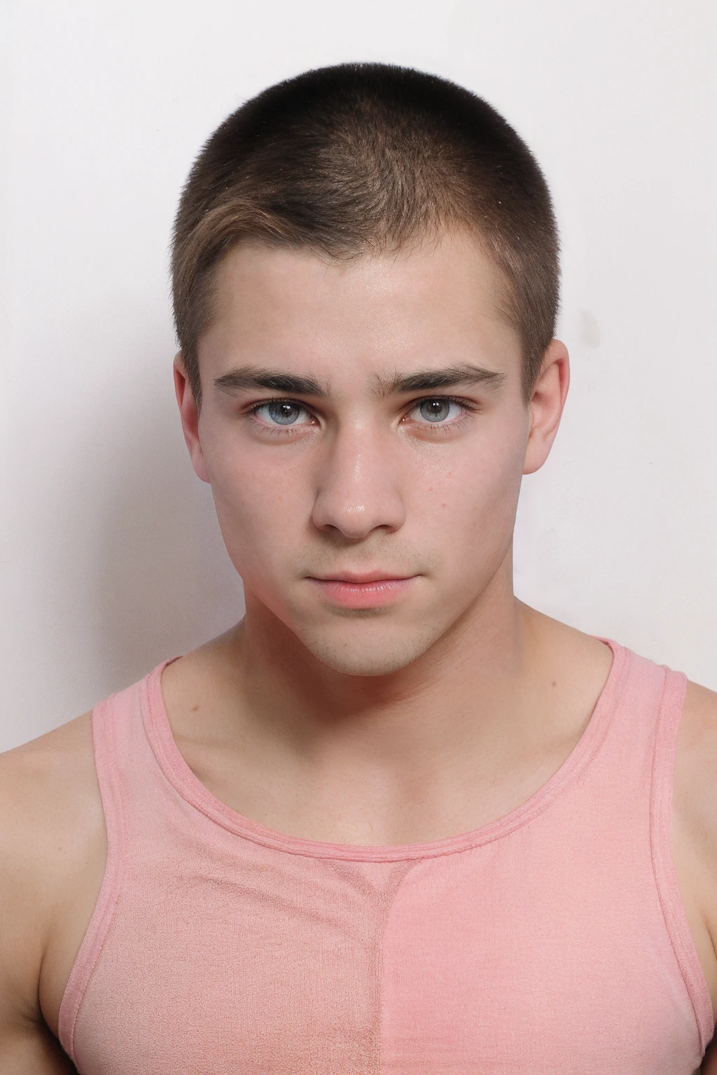 close-up photo <lora:gino_mosca_twink-04:0.8> ginoperson wearing pink tank top shirt BREAK white background