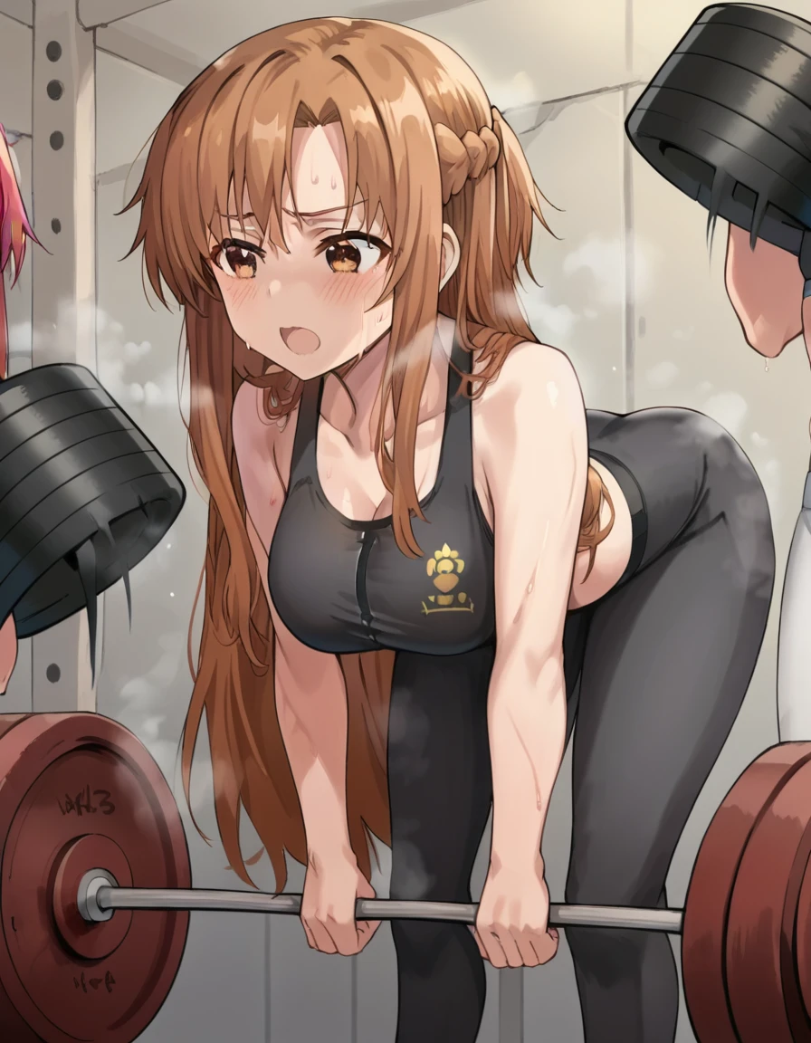 score_9, score_8_up, score_7_up, source_anime, asunayuuki, <lora:asuna-yuuki-s1-ponyxl-lora-nochekaiser:1>, asuna yuuki, long hair, brown hair, brown eyes, medium breasts,, <lora:dead-lift-ponyxl-lora-nochekaiser:1>, dead lift, holding, exercise, weightlifting, barbell, arched back, bent over,, yoga pants, sports bra, steam, open mouth, sweat, blush, gym,, cowboy shot,