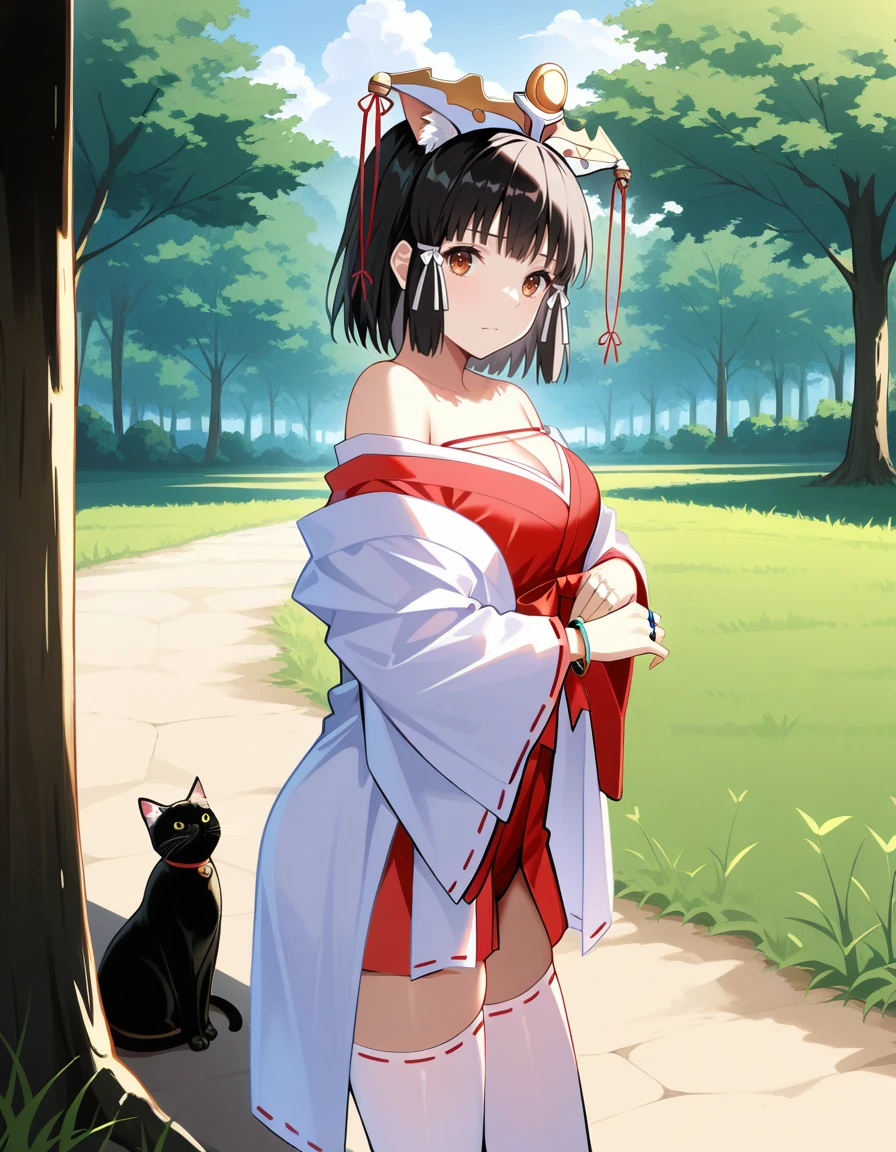 masterpiece, best_quality, absurdres,  <lora:kaguya_il:1> kaguya, 1girl, black_hair, brown_eyes, short_hair, hair_ribbon, hair_ornament, miko, japanese_clothes, white_thighhighs, by_mackia, cat_girl, grass, tree, 1girl, bracelet, closed_mouth, animal_ear_fluff, scenery, solo, jewelry, standing, cat_ears, outdoors, day, animal_ears, looking_at_viewer, off_shoulder, ring, bare_shoulders, multiple_rings