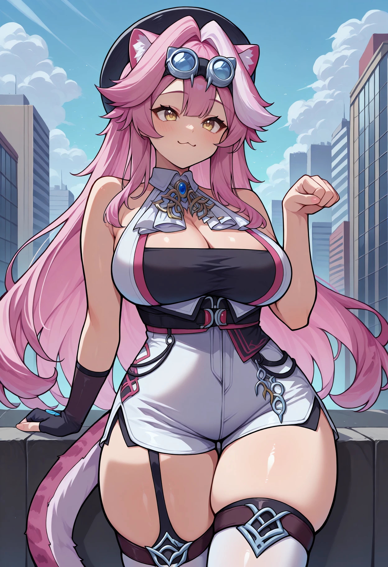 masterpiece, best quality, 1girl, solo, RaoraDefault, yellow eyes, cat ears, pink hair, single white streak, long hair, cat tail, black hat, goggles on head, detached collar, brooch, white shirt, sleeveless shirt, cleavage, black corset, white shorts, high-waist shorts, fingerless gloves, single glove, garter straps, white thighhighs, paw pose, :3, hip focus, thighs, skindentation, outdoors, city, <lora:ChamRaoraPantheraIllustriousXL:1>