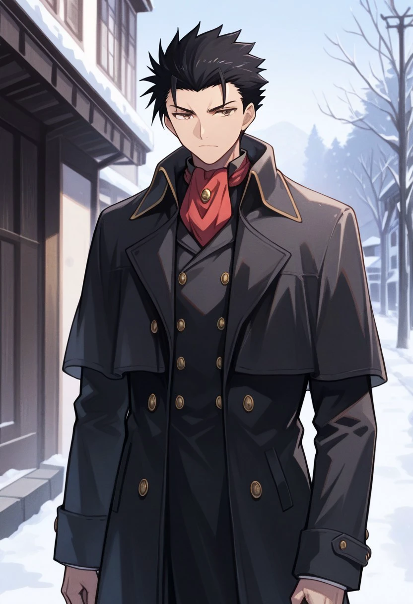 masterpiece, best quality, 
kurogane, 1boy, male focus, solo, brown eyes, black hair, short hair, spiked hair, ascot, red ascot, coat, black coat, long sleeves,
outdoor,