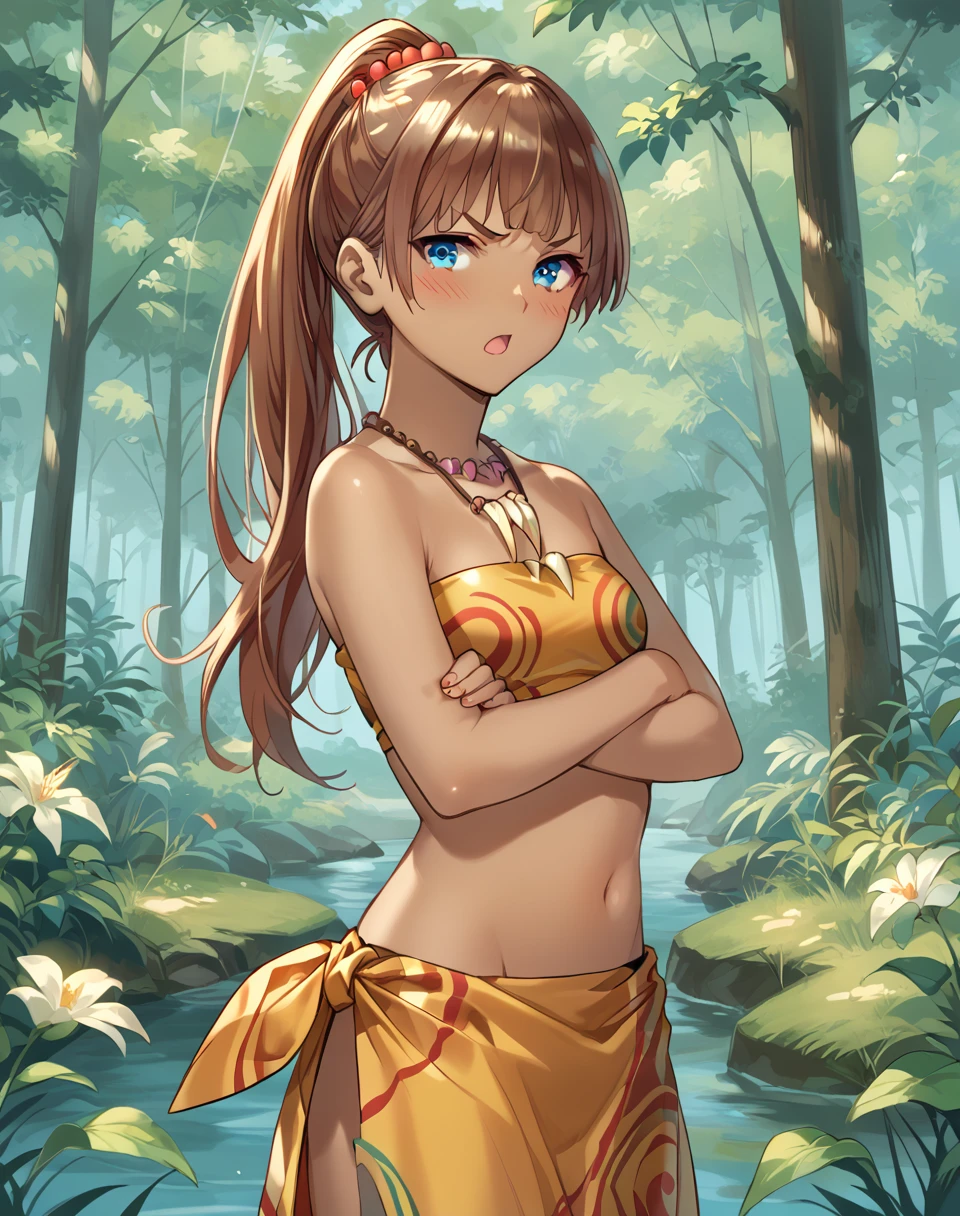 lala_ruu, brown hair, loose hair, blue eyes, dark-skinned female, dark skin, ponytail, navel, open mouth, jewelry, necklace, tribe clothes, tribe top, strapless,tusk necklace, tribe sarong, small breasts, petite  BREAK outdoors, forest BREAKcrossed arms, tsundere,  blush, looking at viewer , cowboy shot, from side BREAK score_9, score_8_up, score_7_up, source_anime ,zPDXL, <lora:Lana_Ruu:0.8>