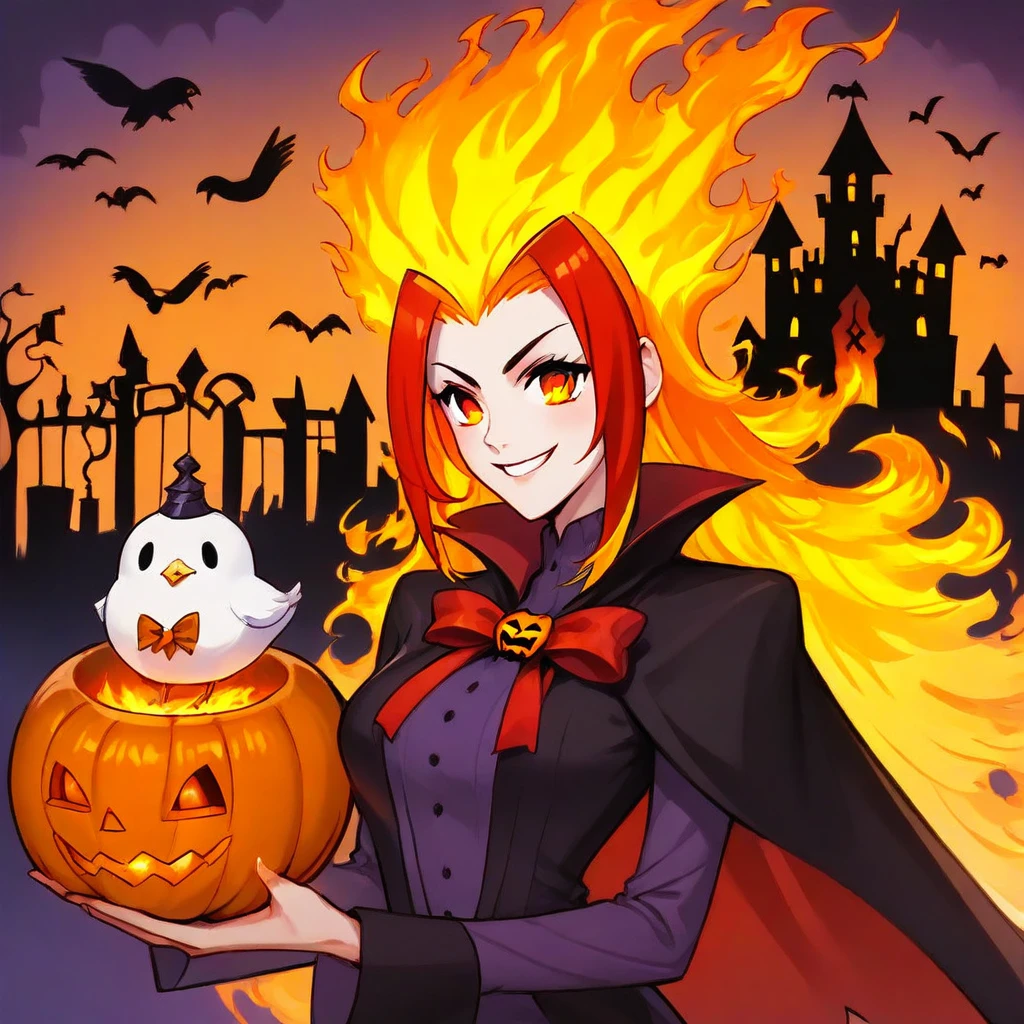 jack-o'-lantern, bird, coffin, streaked hair, long hair, upper body, fire, fiery hair, castle, long sleeves, smile