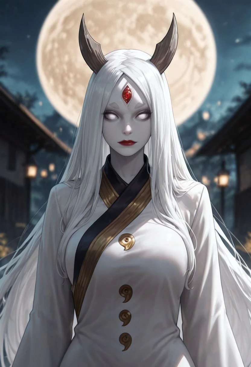 masterpiece,best quality,amazing quality, <lora:otsutsuki_kaguya_illustrious_goofy:1>otsutsuki kaguya, long hair, 1girl, white hair, solo, red lips, pale skin, white eyes, white skin, very long hair, looking at viewer, colored skin, forehead jewel, blurry, third eye, blurry background,  lipstick, lips, makeup, no pupils, outdoors, upper body, long sleeves, closed mouth, blank eyes, dress, standing, moon,  white eyes, parted bangs