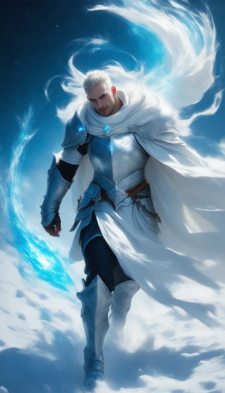 fantasy style, smooth CGI animation, the tall pale masculine male warlock, dynamic view, he is tired and he is falling on the snow,   dramatic flowing heavenly spell,  in masculine fully-clothed hero adventurer armor for man, muscular, broad shoulders, masculine heavy boots on, impiasto, white dynamic multilayered cape, illustration art, D&D, RPG, his manly vestiments flow, impressive, dynamic, alive, vivid, scenery,  eerie snow shore, tidal waves, turmoil, star lit sky