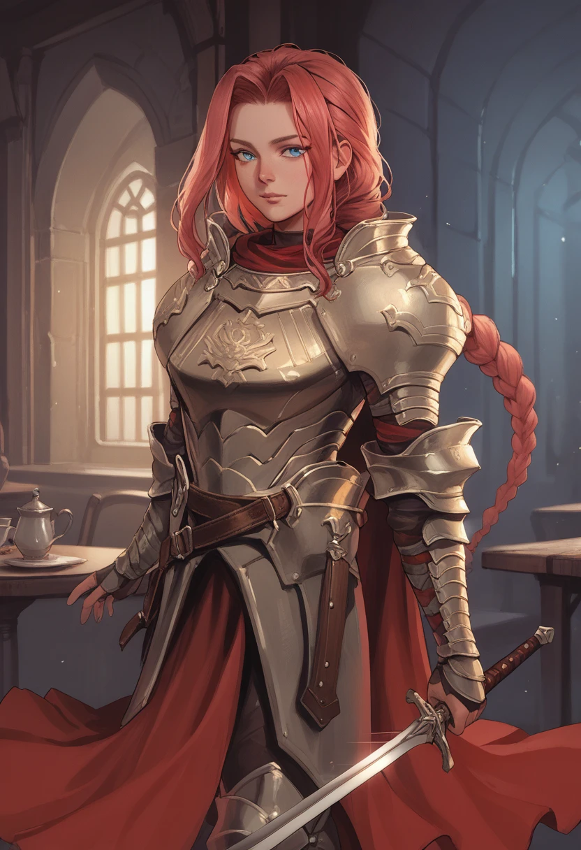 embedding:Pony\Positive\zPDXL3, score_9, score_8_up, score_7_up, 1girl, sc_helayna, red hair, long hair, braid, blue eyes, solo, breastplate, armor, plate armor, pauldrons, vambraces, belt, cape, holding sword, dynamic angle, emphasis lines, masterpiece, best quality, high resolution