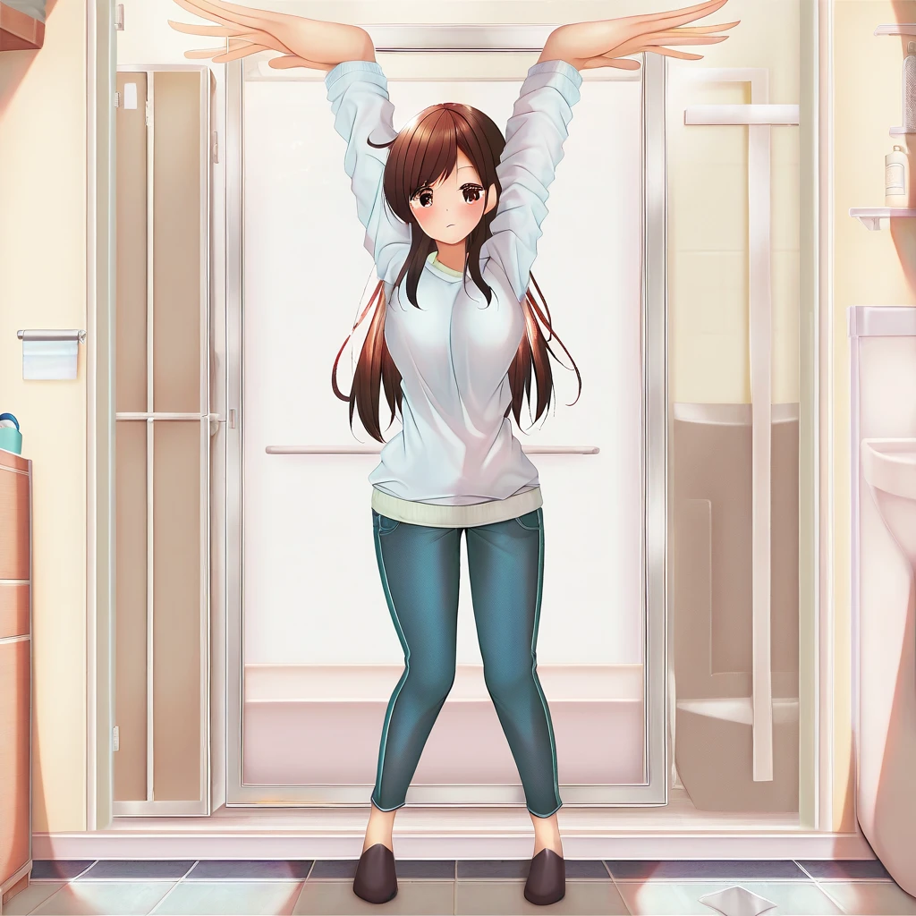 sfw, masterpiece, best quality,absurderes, <lora:HyperIllustrious:1>, minato_ojitan,1girl,solo,hyper hands,full body,arms raised,indoors,bathroom,sweater,jeans,panic