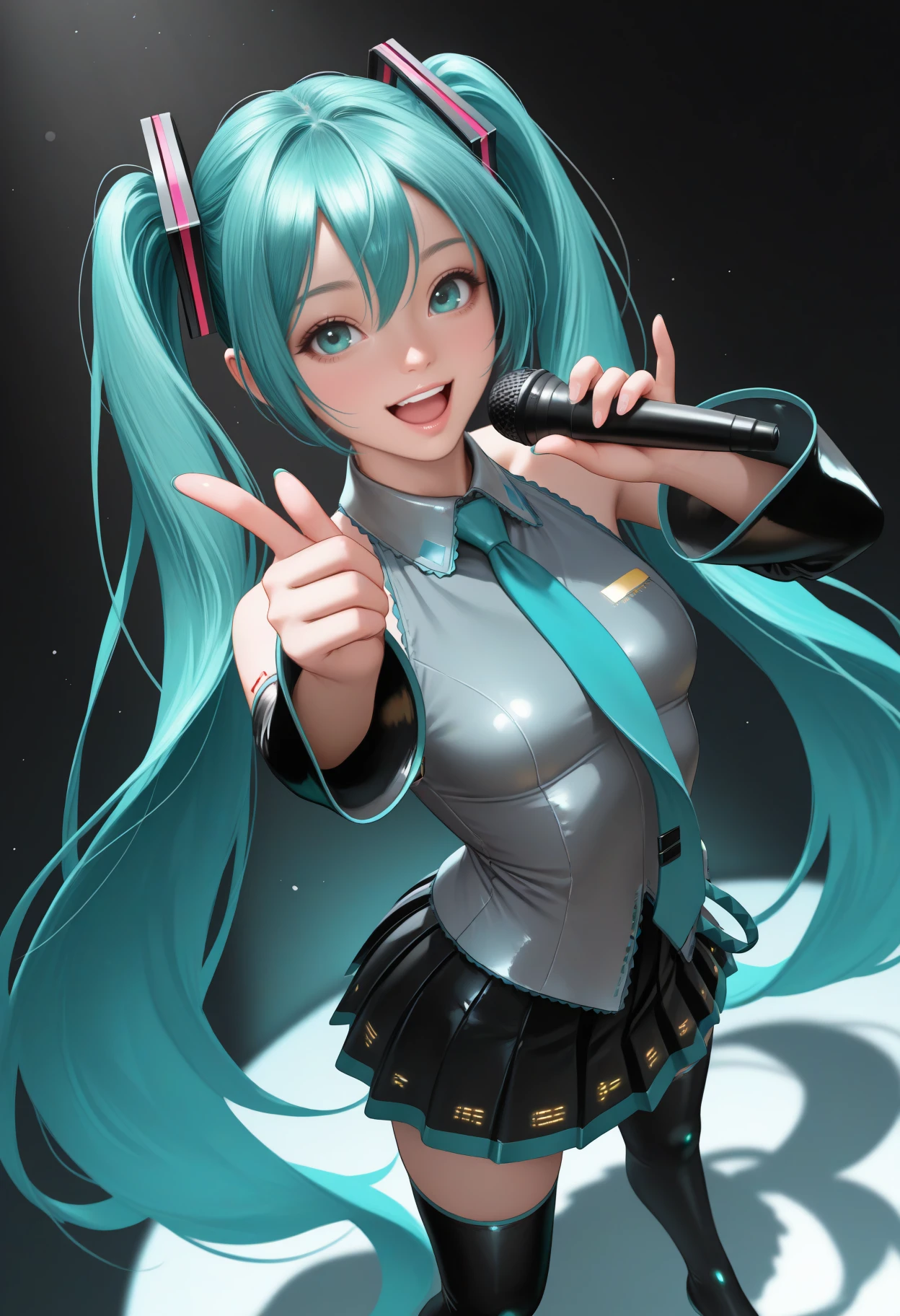 masterpiece, best quality, realistic, <break> from above, dutch angle, solo, 1girl, hatsune miku, vocaloid, :d, upper teeth only, looking at viewer, standing, holding microphone, singing, outstretched arm, pointing up, aqua hair, twintails, hair ornament, aqua eyes, grey shirt, sleeveless shirt, aqua necktie, black sleeves, detached sleeves, black skirt, pleated skirt, black thighhighs, dark background, stage, spotlight
<segment:yolo-Anzhc Face seg 640 v2 y8n.pt,0.4,0.5//cid=1>