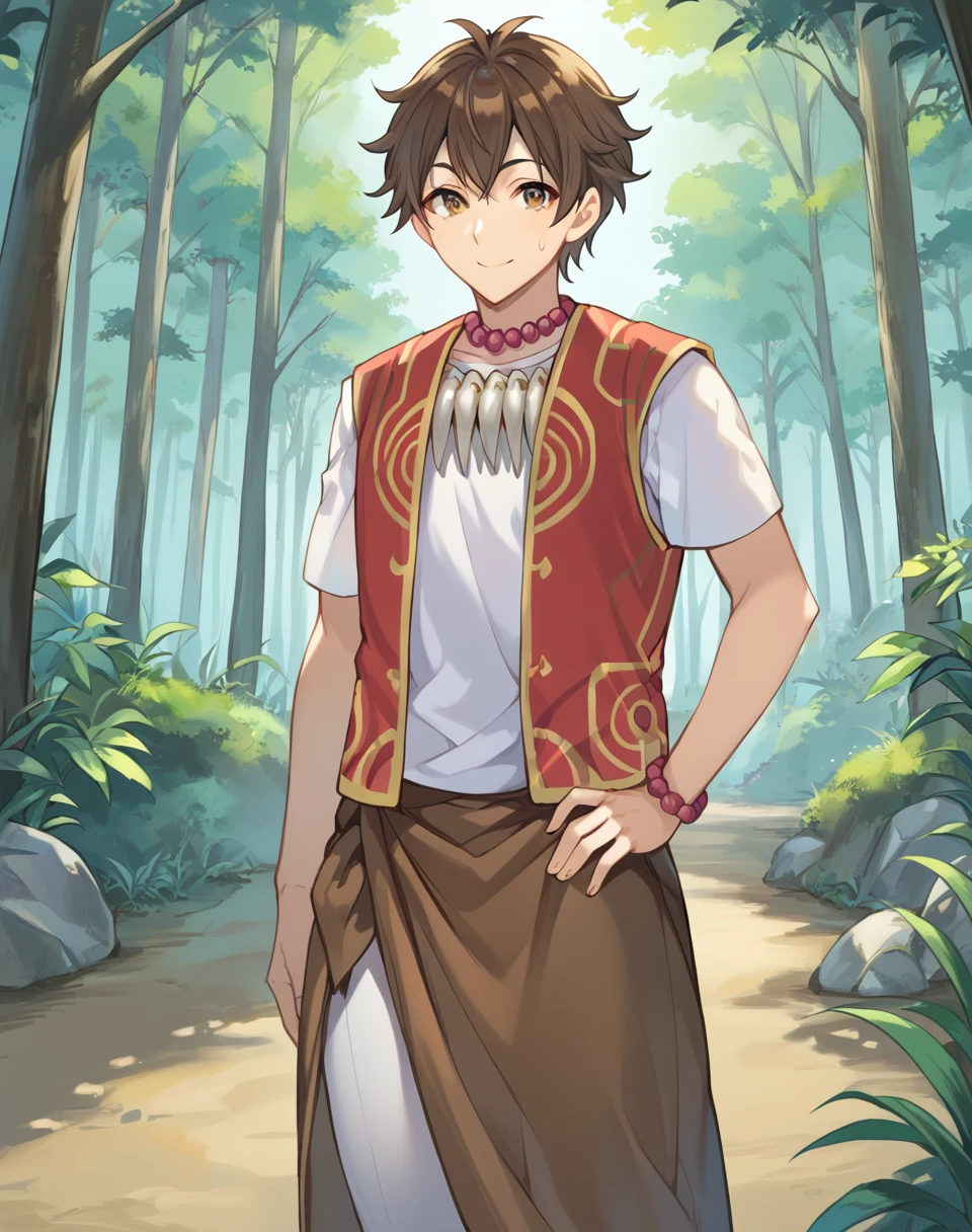 asuta_tsurumi, brown hair, short hair, brown eyes, 1boy,beads necklace, bracelet, sweatdrop,  tribe vest, white shirt, tusk necklace, white pants, brown sarong,   BREAK  outdoors, forest, BREAK hand on hip, smile,  looking at viewer BREAK score_9, score_8_up, score_7_up, source_anime ,zPDXL, <lora:Asuta_Tsurumi:0.8>, solo