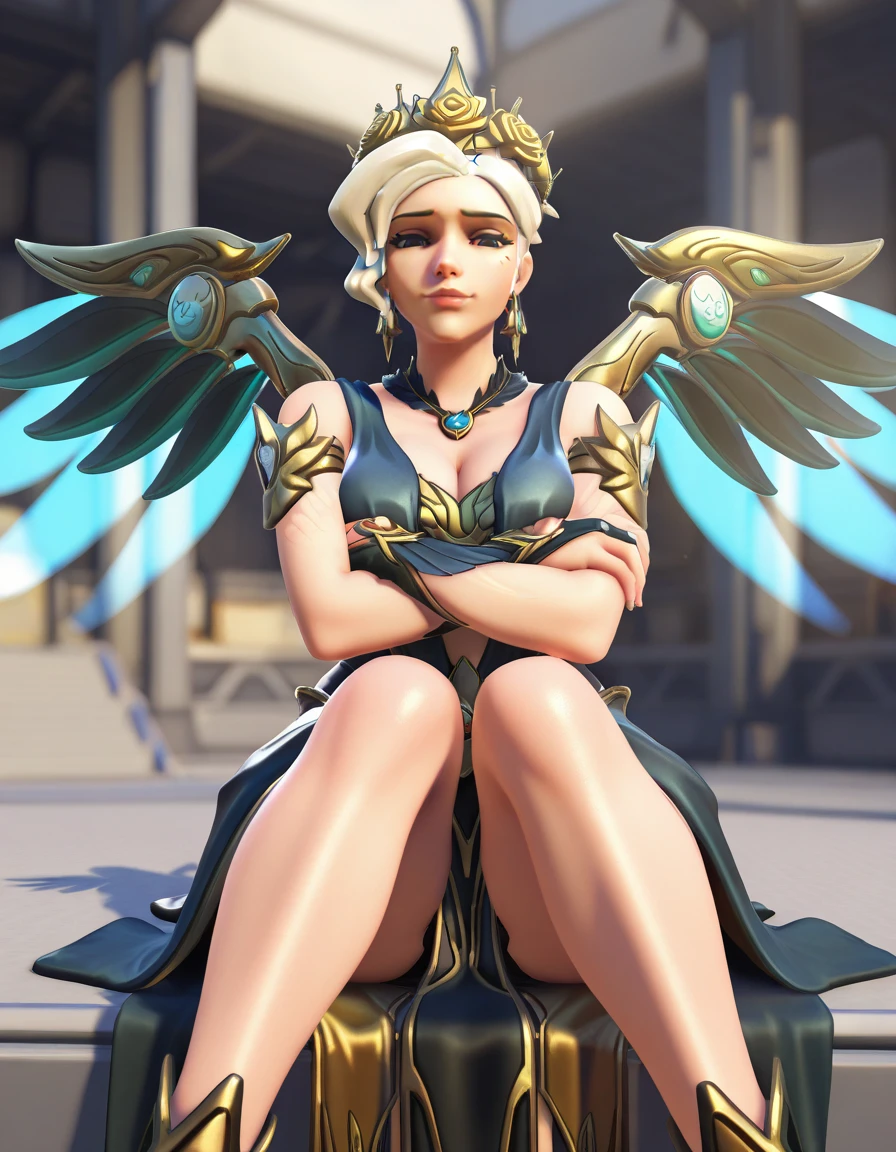 Masterpiece, high-res, 2k, best quality,   1 girl  , mercy (overwatch),  mercy rgodess ,  <lora:Mercy Rgodess Illus-000045:1> Sitting with legs stretched out and arms crossed over the chest, gothic