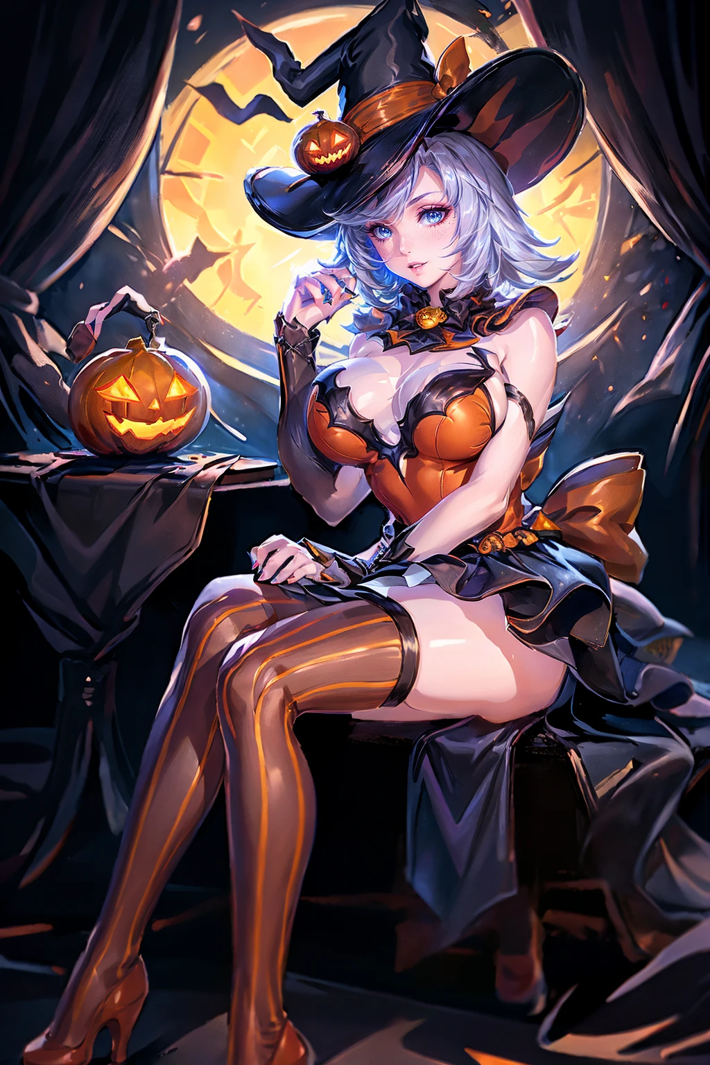 <lora:Diao_Chan_Halloween_AoV_Model_LoRA:0.8>, Diao_Chan_Halloween, 1girl, solo, long hair, hat, witch hat, witch, blue eyes, makeup, nose, lips, parted lips, bow, orange bow, cleavage, breasts, (large breasts:1.8), dress, gloves, nail polish, orange nails, skirt, thighhighs, striped, strapless, striped thighhighs, vertical-striped thighhighs, high heels, halloween, jack-o'-lantern, halloween costume
, <lora:more_details:0.5>
, indoors, chair, table, plant, scenery, ceiling light
, ((upper body, sitting)), best quality, ultra high res, (photorealistic:1.4), masterpiece, real life skin, hyper real