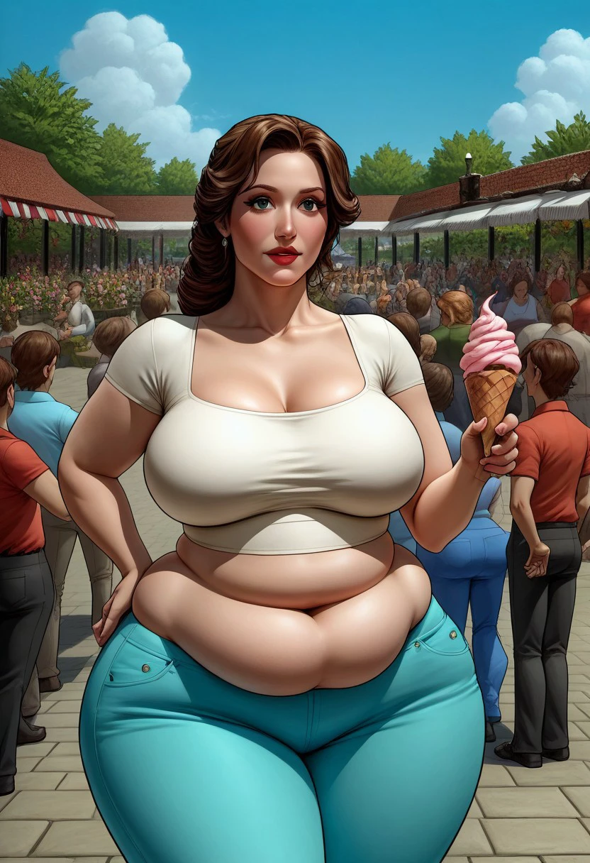 voluptuous, attractive naughty 40 years old, plump belly, double-chin, ice cream lady
Brown bouffant, tight top, big hips, tight black bellbottom trousers, garden party, crowd