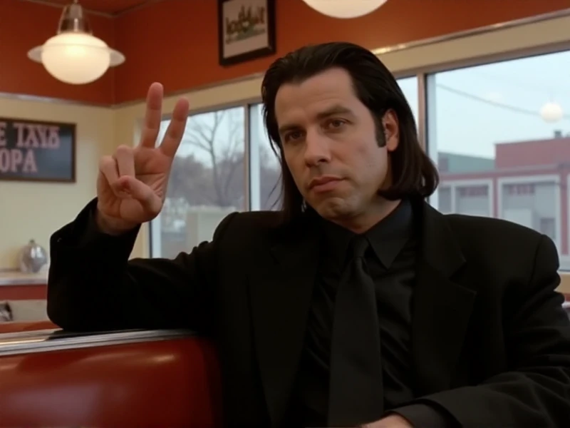 <lora:Vincent Vega:0.9> Vincent Vega, man with black hair and black suit, he make a sideway peace sign with his fingers in a vintage diner