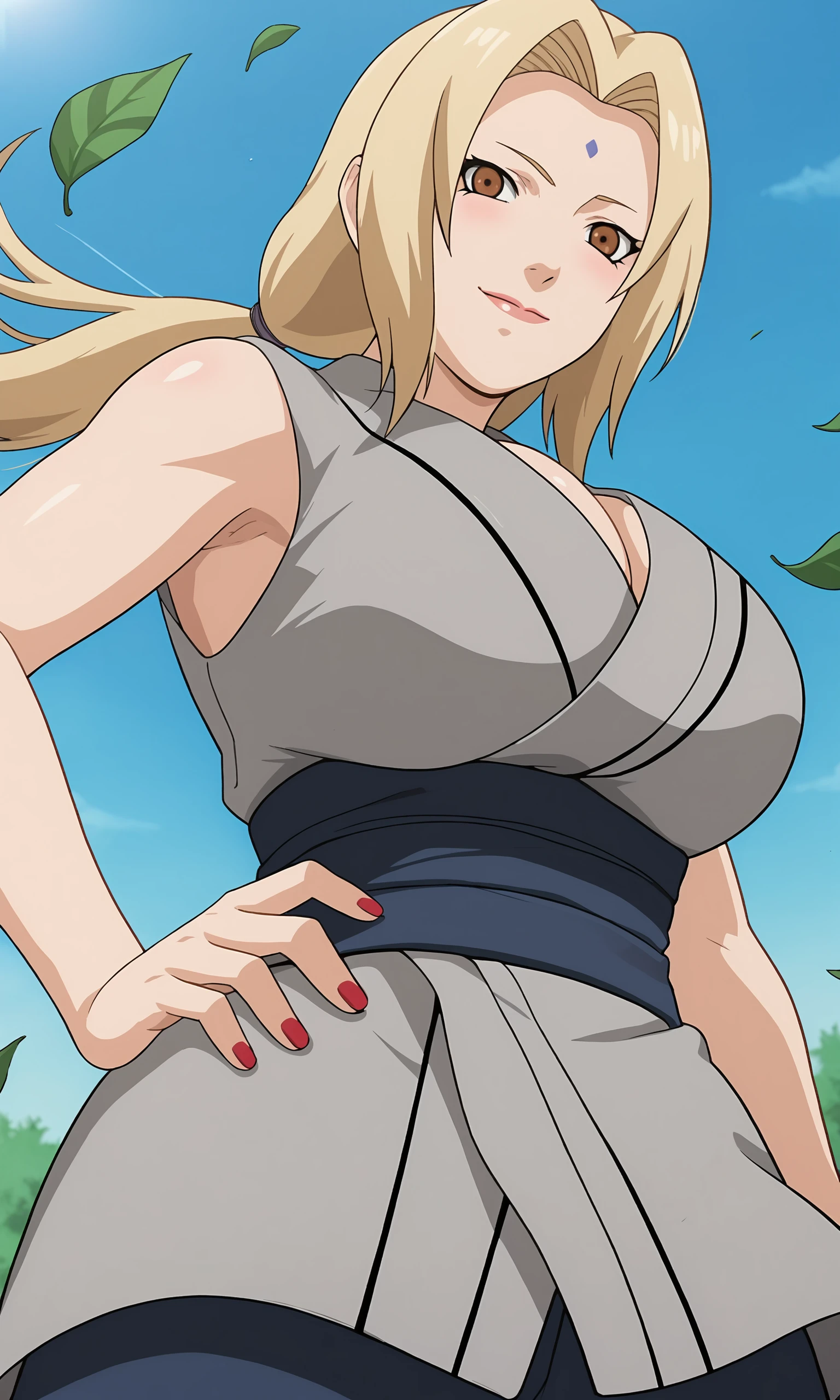 score_9, score_8_up, score_7_up,
tsu, 1girl, tsunade (naruto), (looking at viewer), blonde hair, low twintails, forehead mark, brown eyes, large breasts, grey kimono, sleeveless kimono, blue pants, cleavage, red nails, 
from below, hand on hip, upper body, 
smile, blush, shy, closed mouth, 
simple background, perfect lighting, wind, green leaf, grass, 
<lora:tsunade_PXL:1>