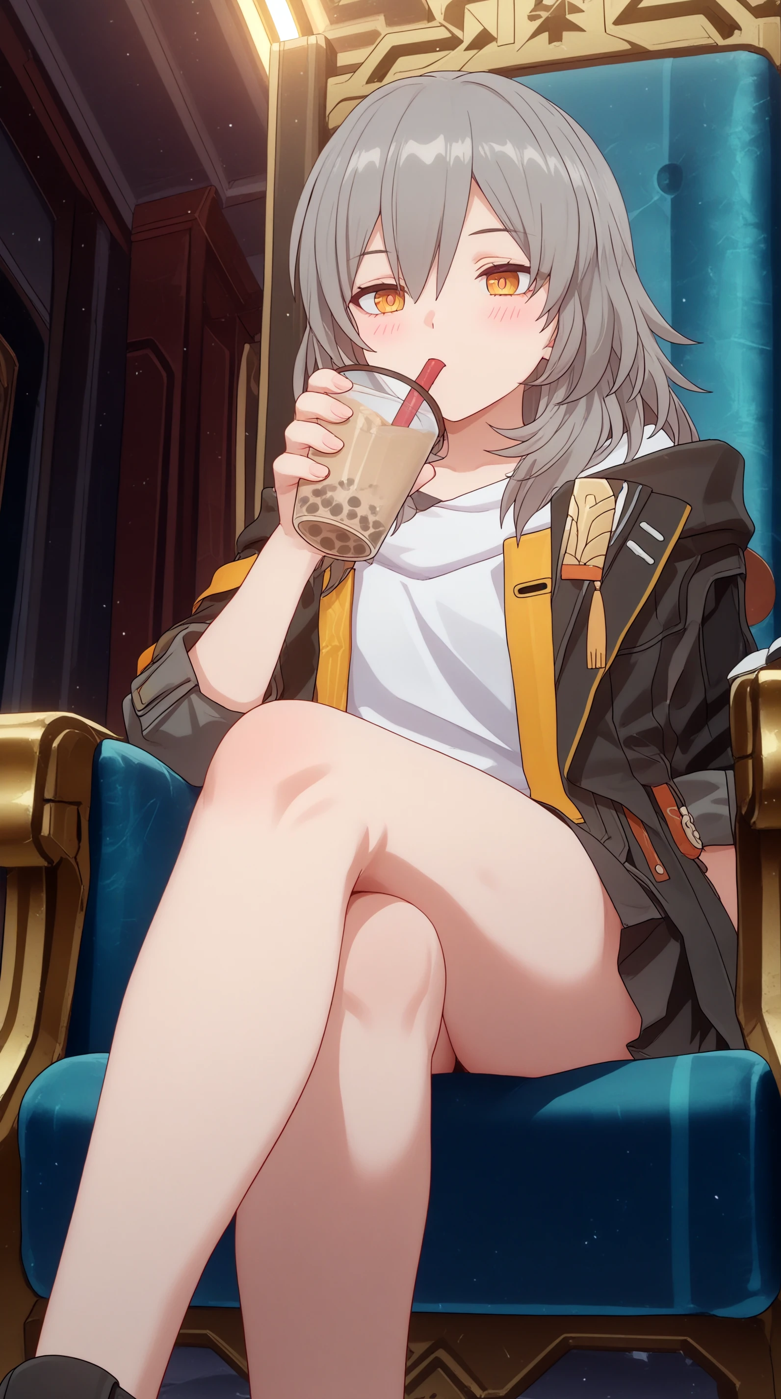 masterpiece, best quality, cinematic lighting, amazing quality, very aesthetic, absurdres, best quality, newest, year 2023,  Stelle, Main Outfit, solo, throne, sitting, crossed legs, drinking, bubble tea, happy, blush, from below, indoors,  <lora:JN_Stelle_Illus:0.8>