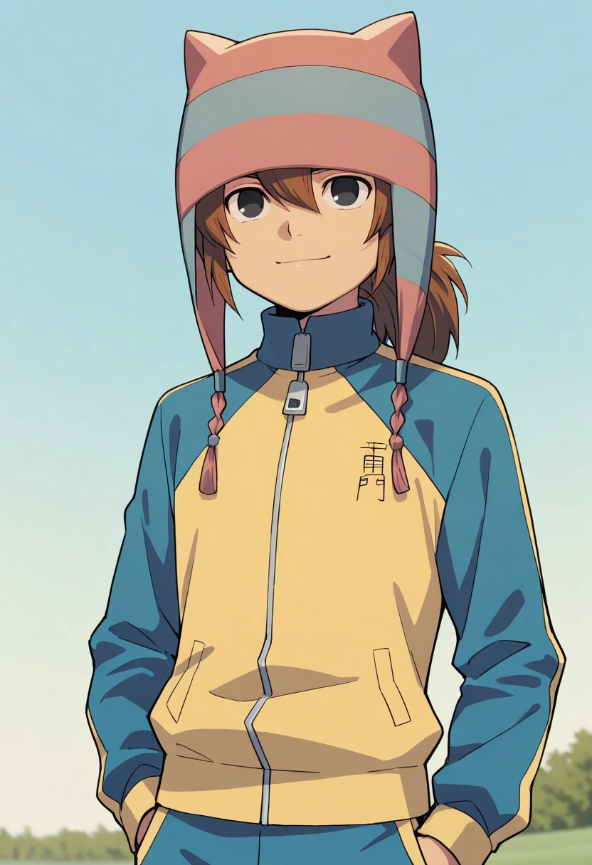 masterpiece, best quality, 
matsuno,1boy, male focis, solo, brown hair, ponytail, black eyes, hat, animal hat, sportwear, raimon,  jacket, track jacket, track suit, multicolored jacket, yellow jacket, blue jacket, smile, closed mouth
outdoor,