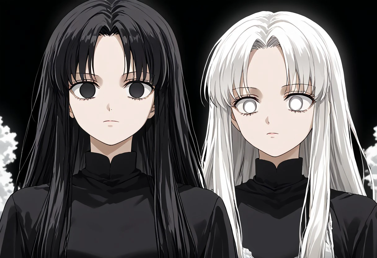 anime, empty eyes, hypnotized, females, adult, casual dress, long hair, black hair, white hair, black eyes, white eyes, twins, close up